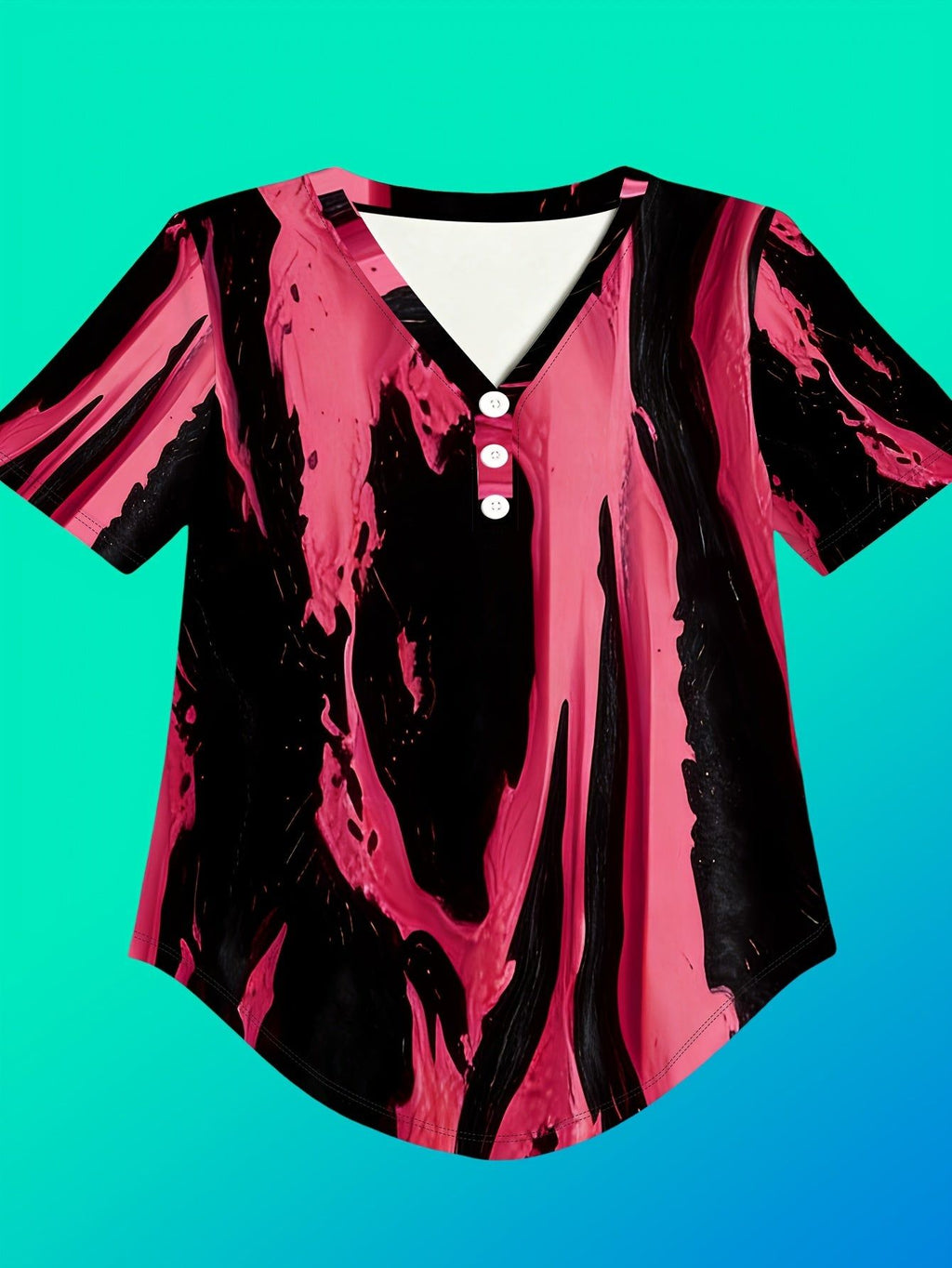 Women's Summer V-Neck Three-Button Short Sleeve Top with Black and Pink Ink Splatter Print, Unique and Cool Irregular Hem   OAXG Multicolor / S