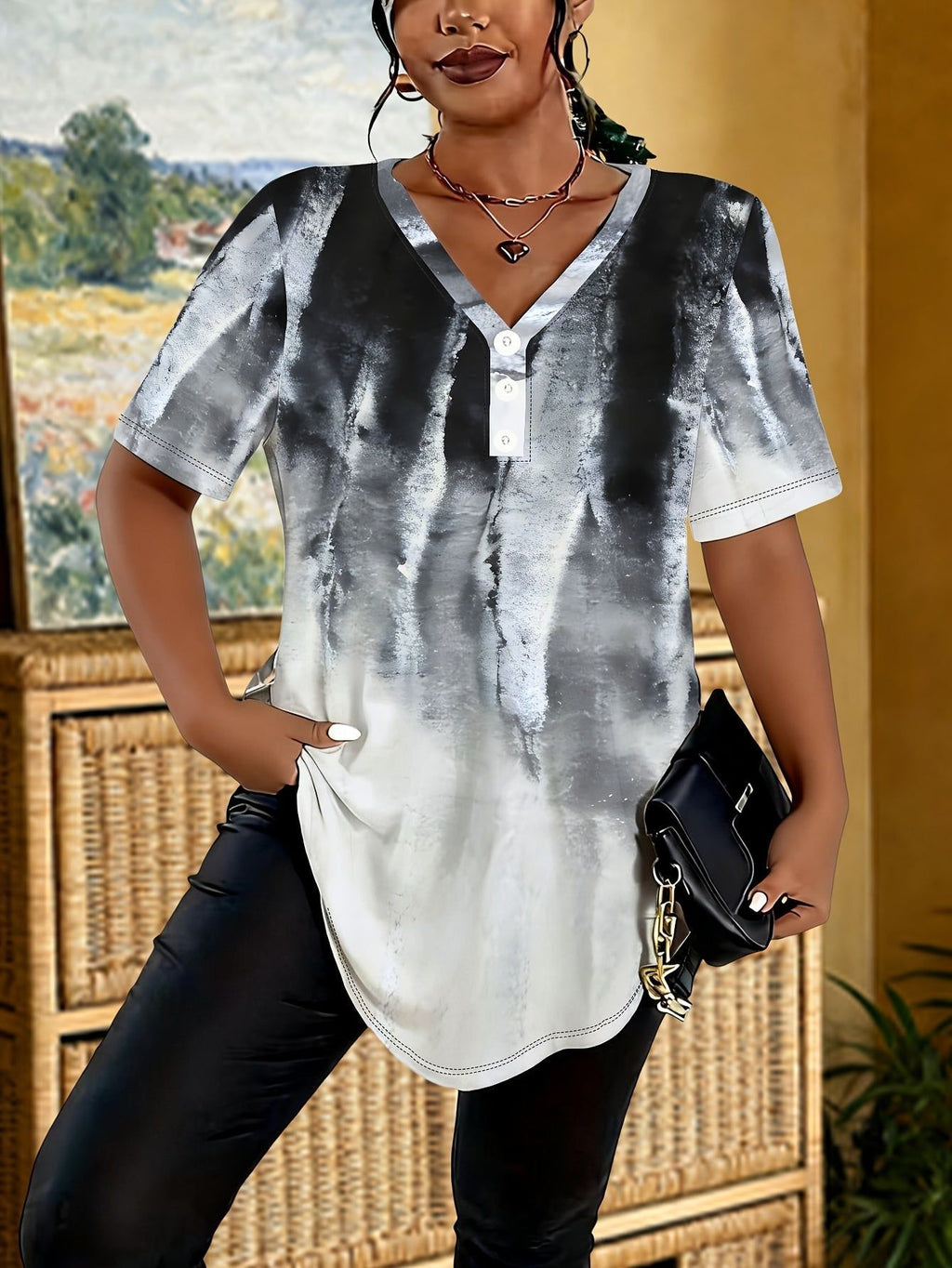 Women's T-shirt, Summer V-Neck Three-Button Short Sleeve, Black White Silvery Gradient Tie-Dye, Trendy Cool Personality Irregular Hem Top   OAXG Multicolor / S