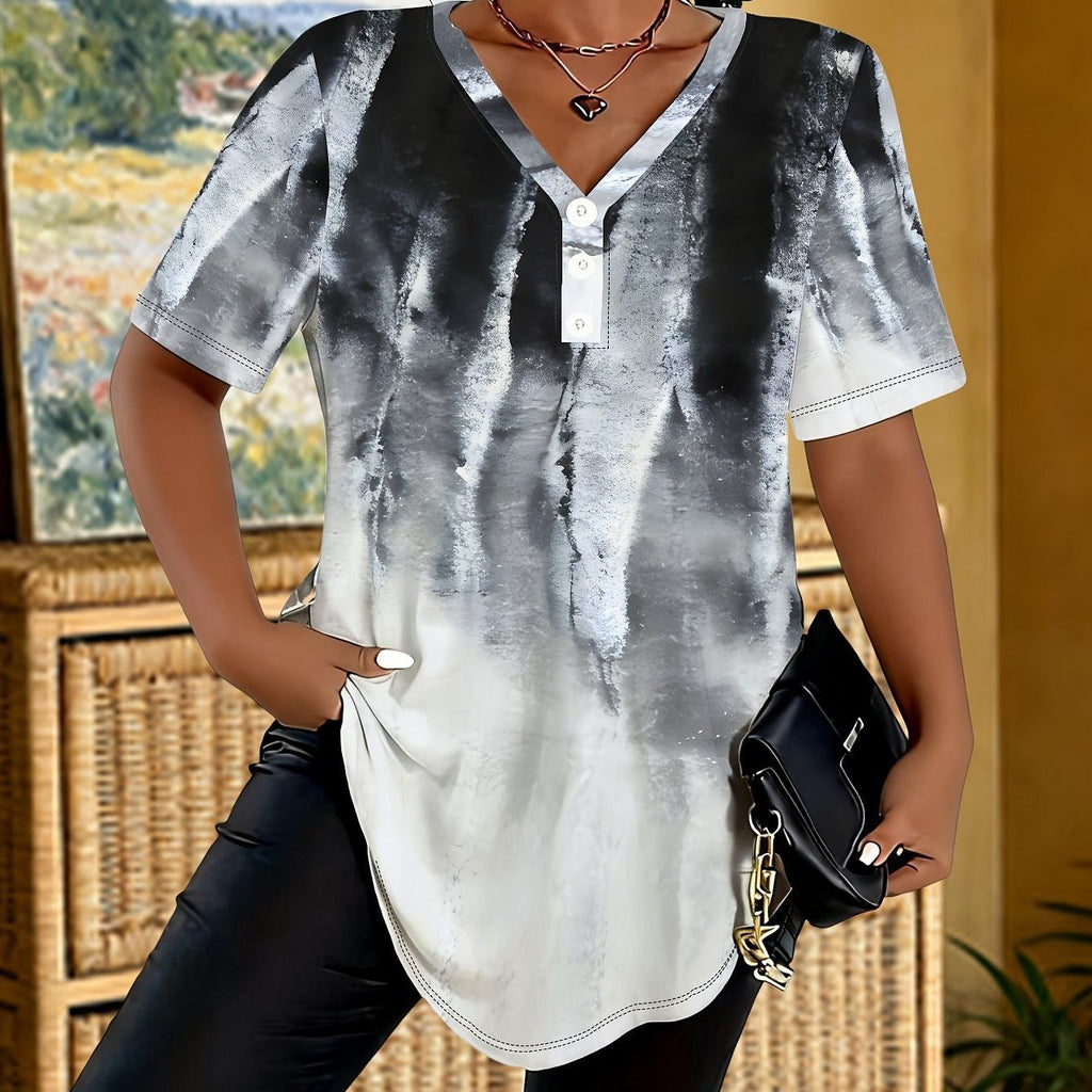 Women's T-shirt, Summer V-Neck Three-Button Short Sleeve, Black White Silvery Gradient Tie-Dye, Trendy Cool Personality Irregular Hem Top   OAXG Multicolor / S