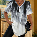 Women's T-shirt, Summer V-Neck Three-Button Short Sleeve, Black White Silvery Gradient Tie-Dye, Trendy Cool Personality Irregular Hem Top   OAXG Multicolor / S