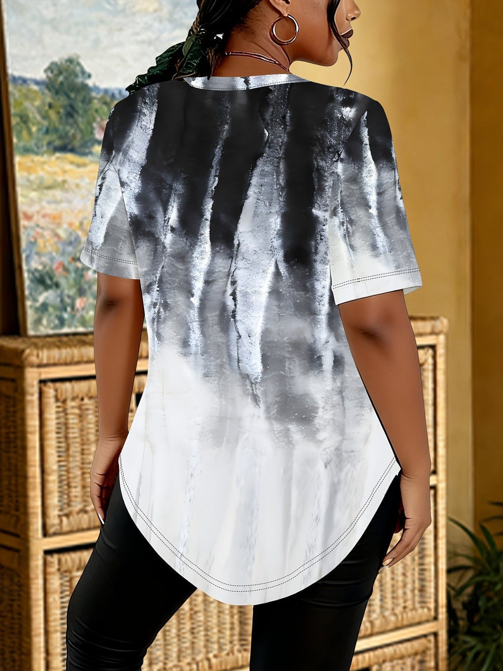 Women's T-shirt, Summer V-Neck Three-Button Short Sleeve, Black White Silvery Gradient Tie-Dye, Trendy Cool Personality Irregular Hem Top   OAXG Multicolor / S