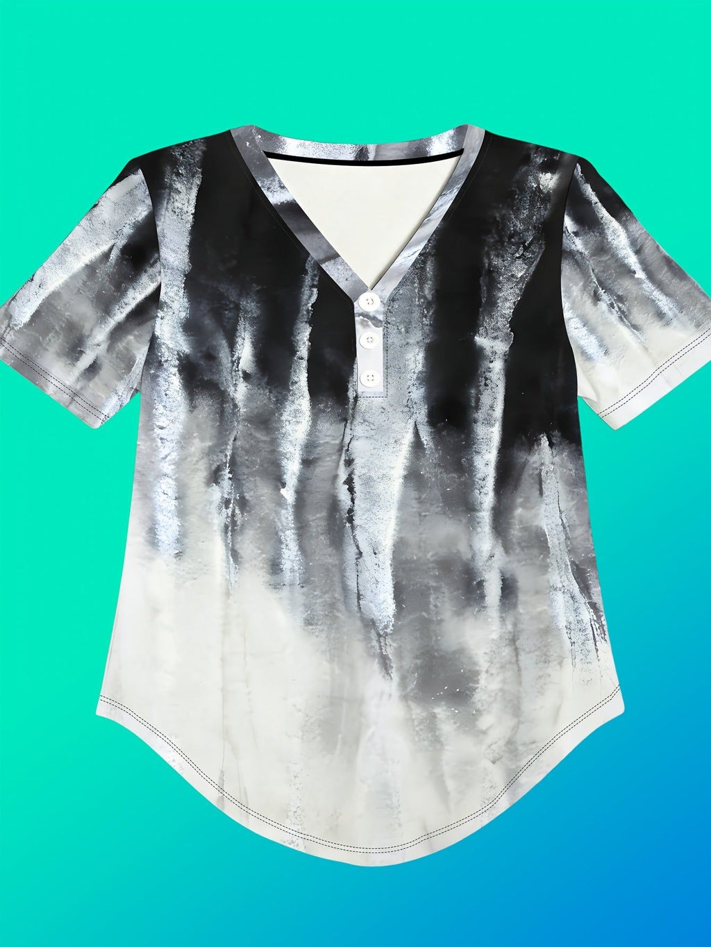 Women's T-shirt, Summer V-Neck Three-Button Short Sleeve, Black White Silvery Gradient Tie-Dye, Trendy Cool Personality Irregular Hem Top   OAXG Multicolor / S