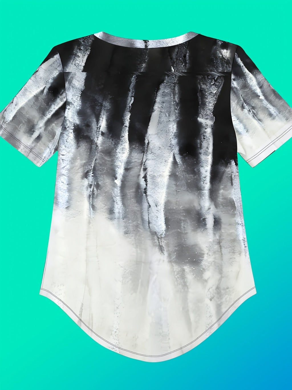 Women's T-shirt, Summer V-Neck Three-Button Short Sleeve, Black White Silvery Gradient Tie-Dye, Trendy Cool Personality Irregular Hem Top   OAXG Multicolor / S