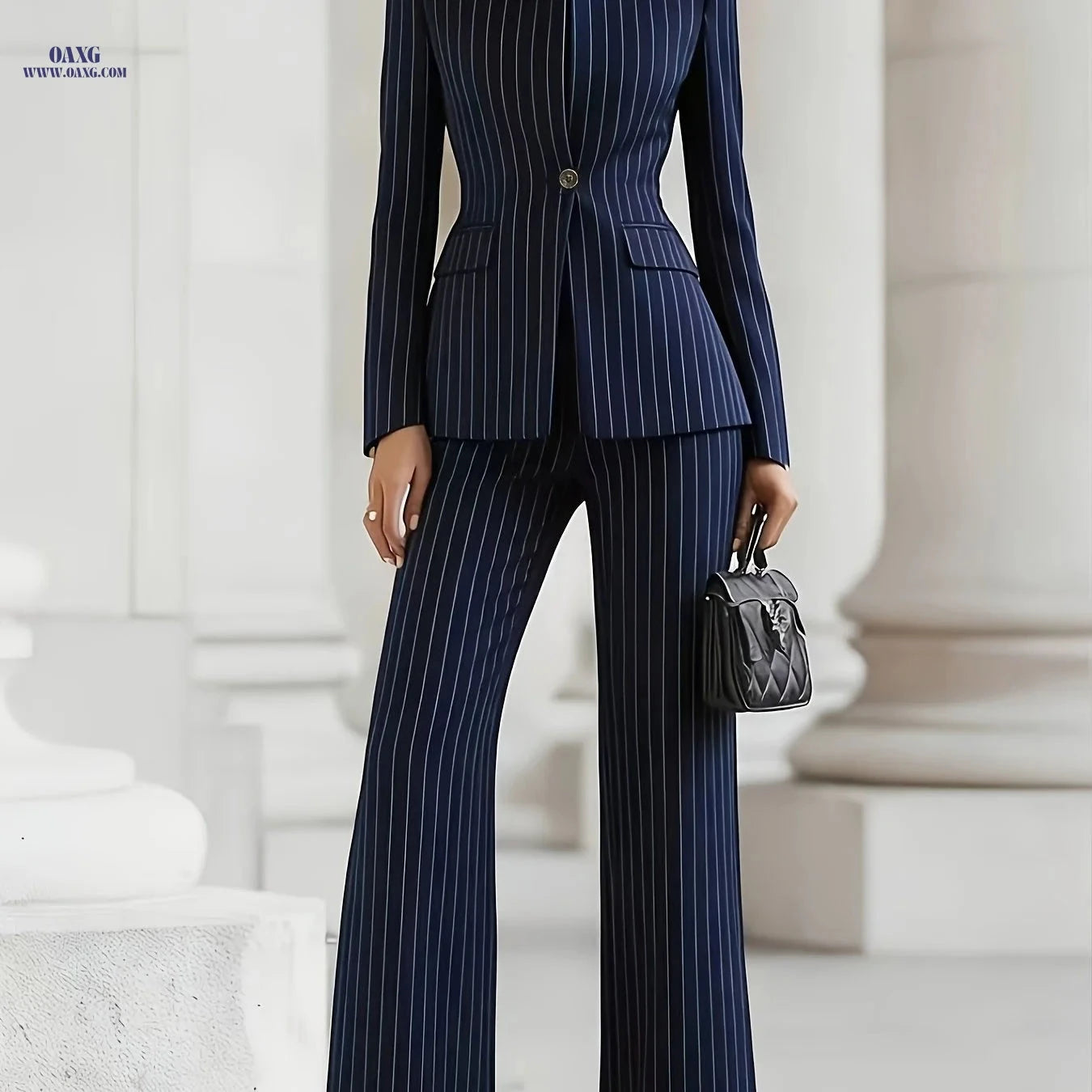 Women's Tailored Blazer and Pants Set - Elegant Solid Color Suit   OAXG 