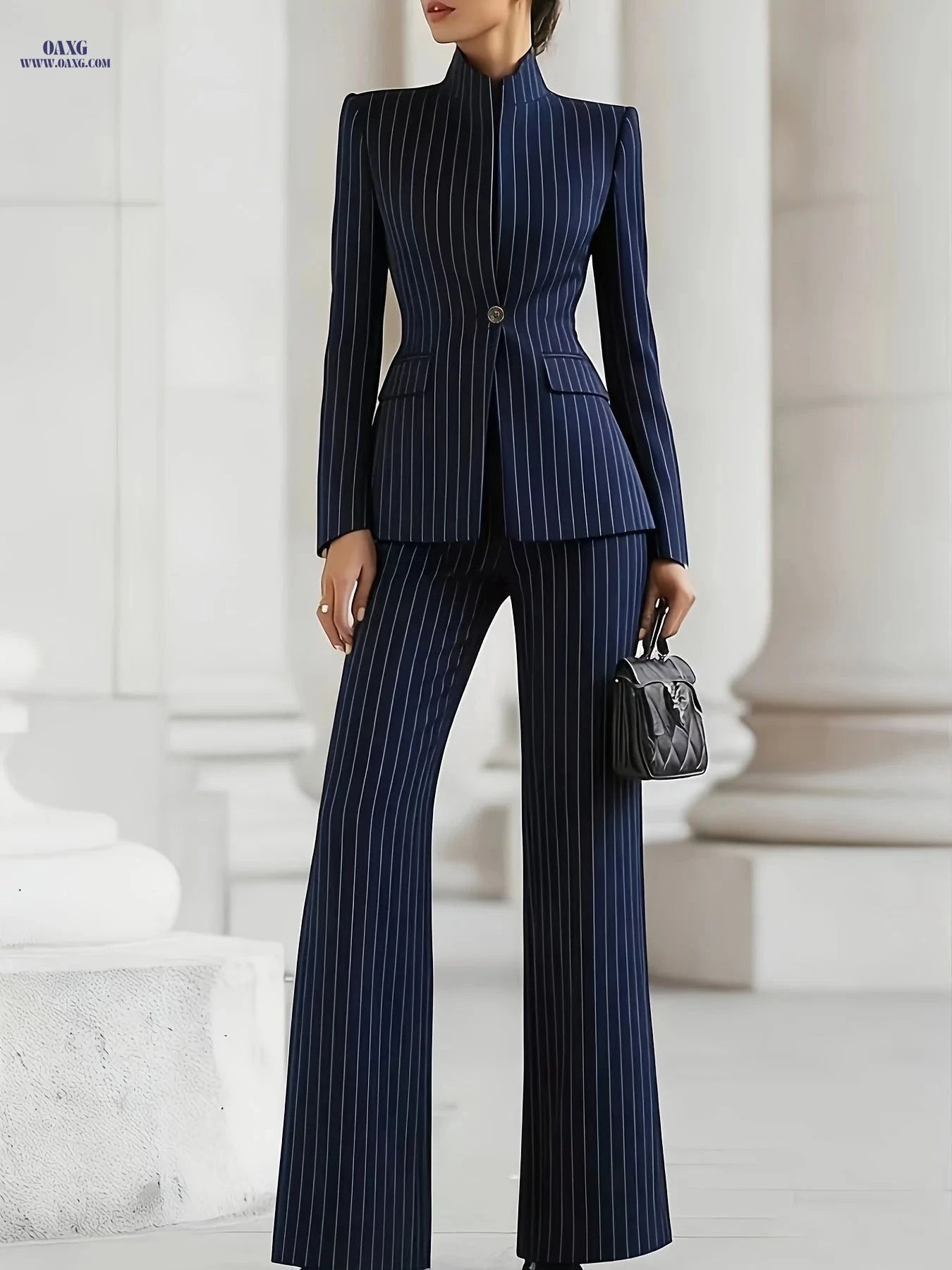 Women's Tailored Blazer and Pants Set - Elegant Solid Color Suit   OAXG Blue / Asian XS