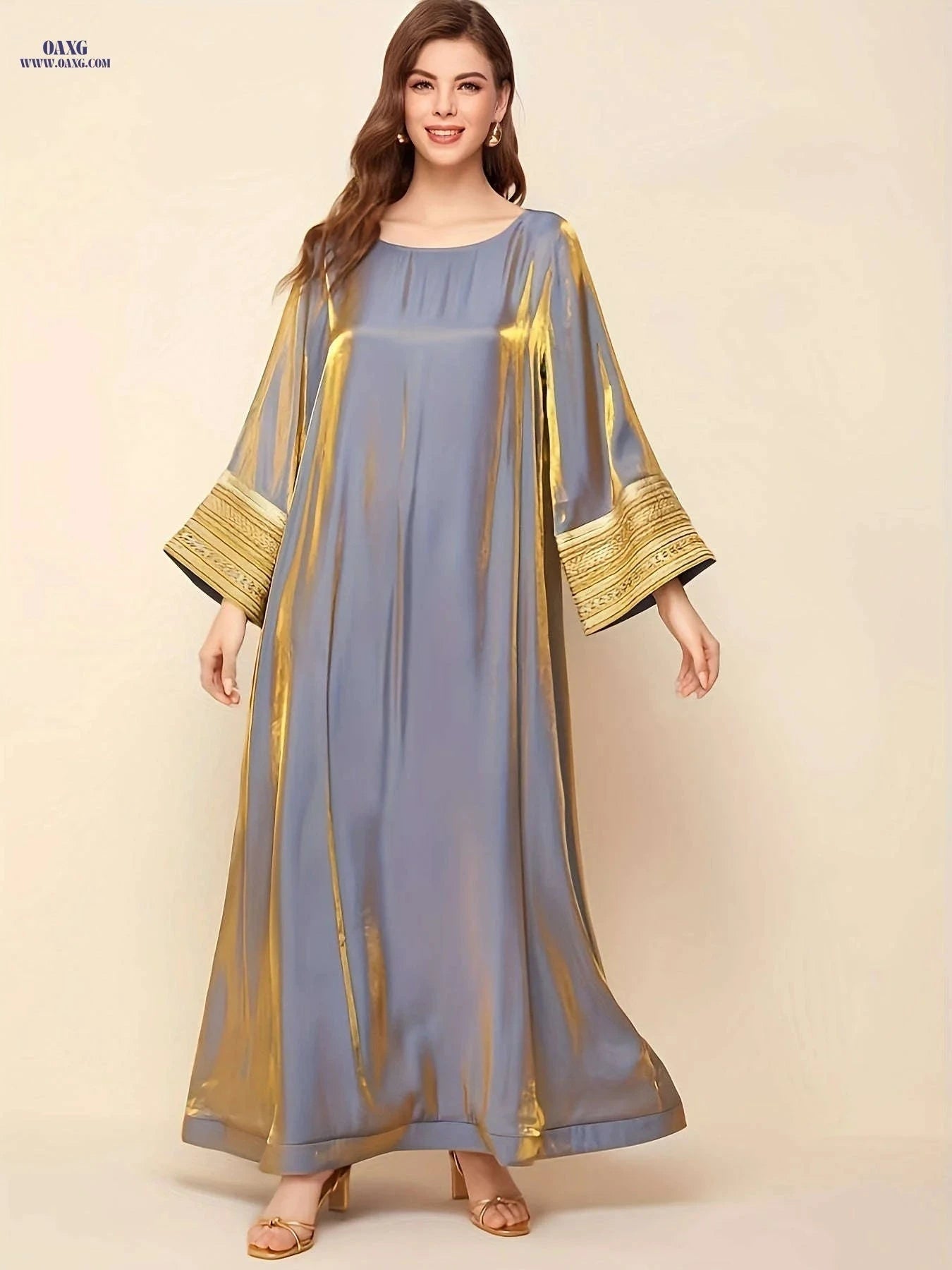 Women's Tailored Long Robe - Spliced Sleeves with Golden Webbing   OAXG 