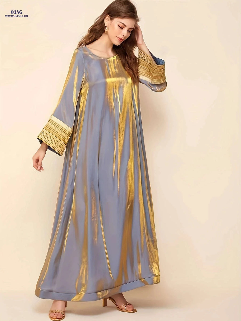 Women's Tailored Long Robe - Spliced Sleeves with Golden Webbing   OAXG 
