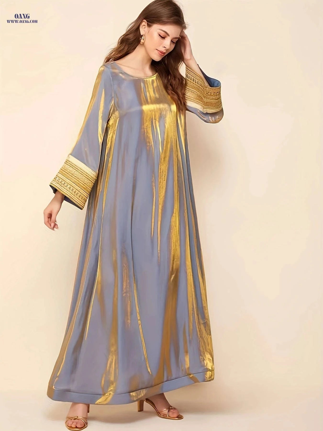 Women's Tailored Long Robe - Spliced Sleeves with Golden Webbing   OAXG 