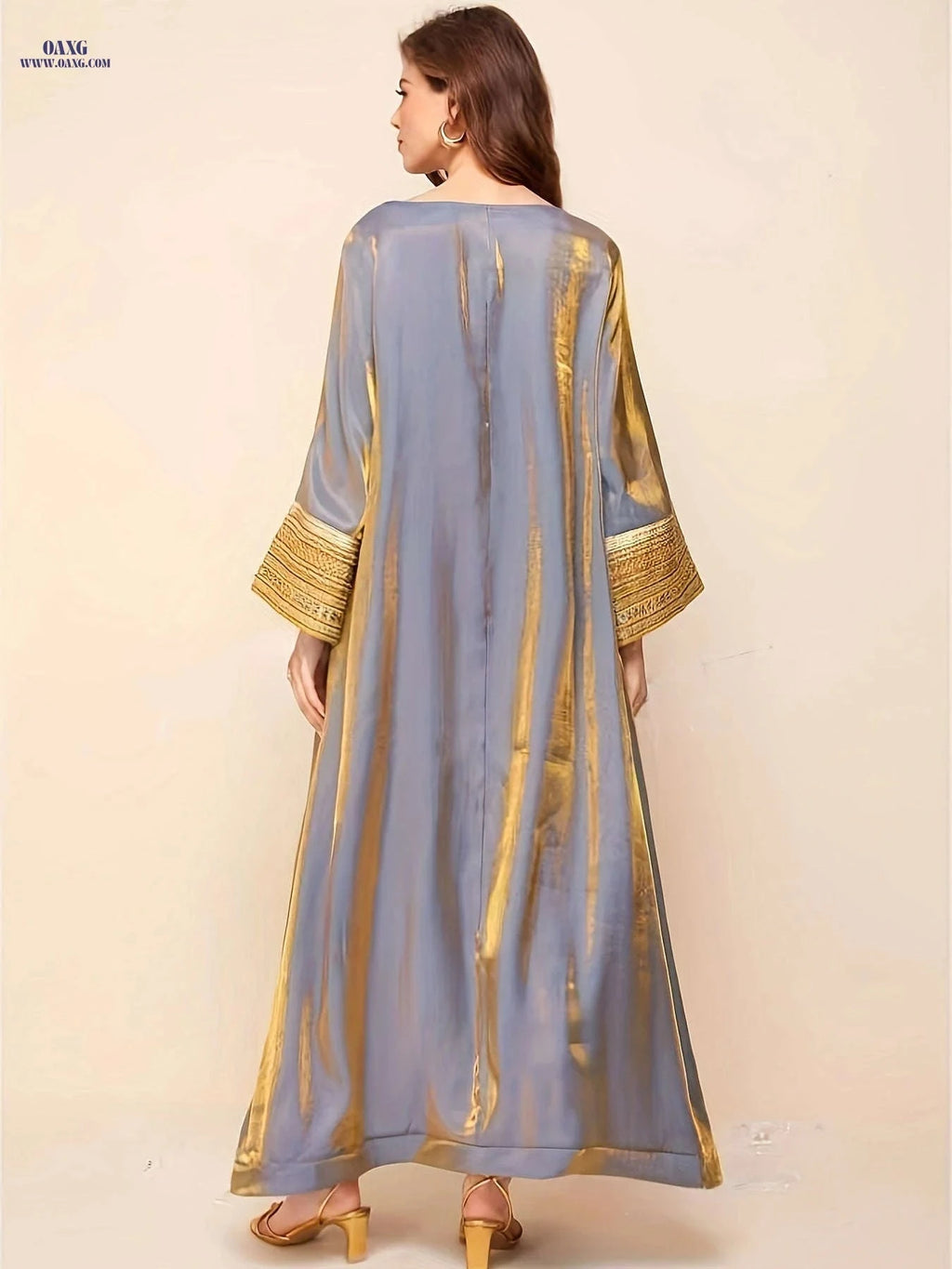 Women's Tailored Long Robe - Spliced Sleeves with Golden Webbing   OAXG Gray + Golden / S