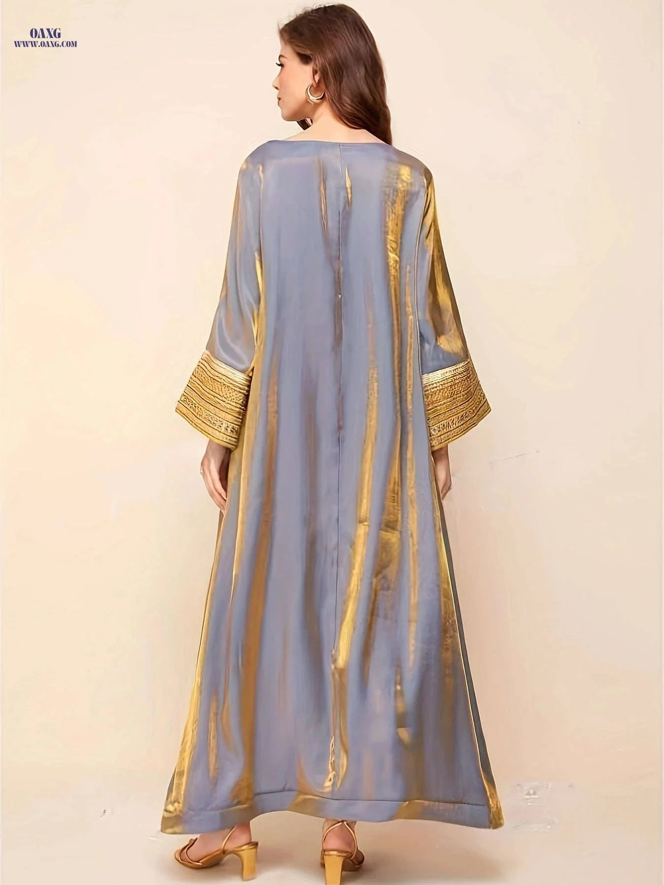 Women's Tailored Long Robe - Spliced Sleeves with Golden Webbing   OAXG Gray + Golden / S