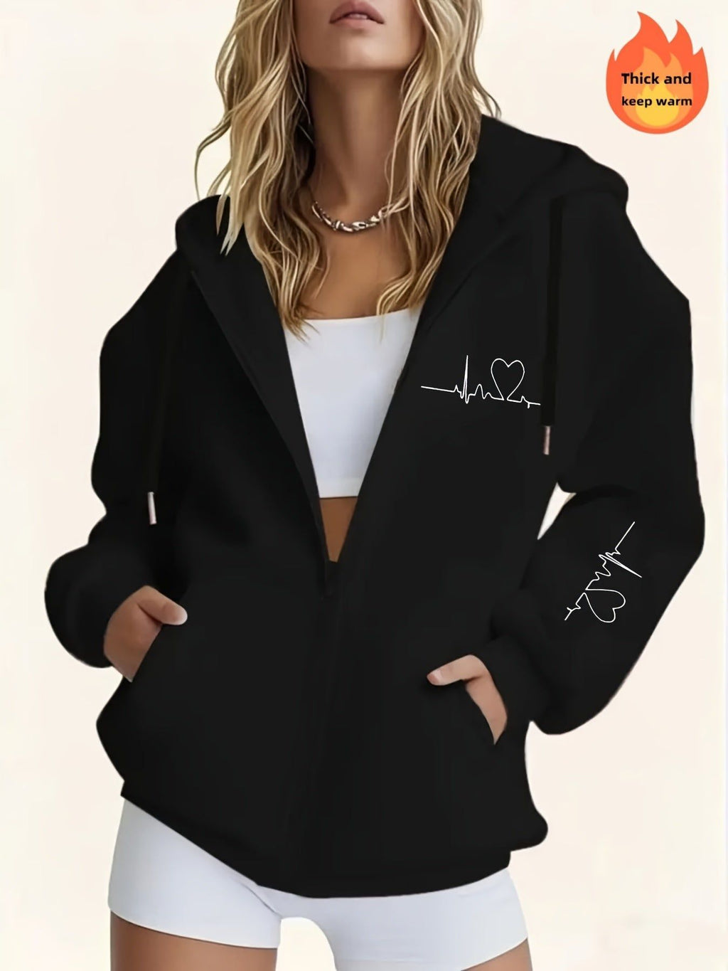 Women's Thick -Lined Hooded Zip-Up Sweatshirt, Warm and Comfortable Geometric Print Top Sweatshirt Jacket with Drawstring Hood, Kangaroo Pocket, for Casual Streetwear, Autumn/Winter Warm Long-Sleeve Pullover Sweatshirt   OAXG White / S