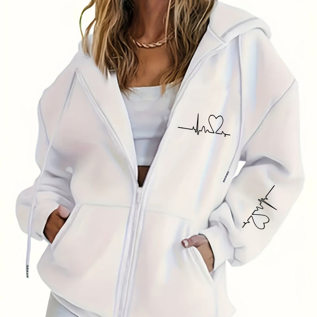 Women's Thick -Lined Hooded Zip-Up Sweatshirt, Warm and Comfortable Geometric Print Top Sweatshirt Jacket with Drawstring Hood, Kangaroo Pocket, for Casual Streetwear, Autumn/Winter Warm Long-Sleeve Pullover Sweatshirt   OAXG White / S