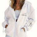 Women's Thick -Lined Hooded Zip-Up Sweatshirt, Warm and Comfortable Geometric Print Top Sweatshirt Jacket with Drawstring Hood, Kangaroo Pocket, for Casual Streetwear, Autumn/Winter Warm Long-Sleeve Pullover Sweatshirt   OAXG White / S