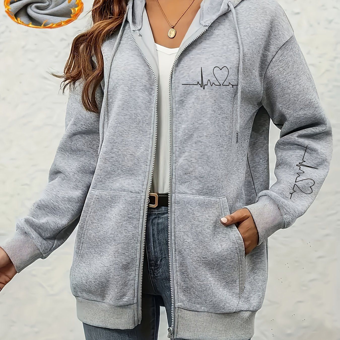 Women's Thick -Lined Hooded Zip-Up Sweatshirt, Warm and Comfortable Geometric Print Top Sweatshirt Jacket with Drawstring Hood, Kangaroo Pocket, for Casual Streetwear, Autumn/Winter Warm Long-Sleeve Pullover Sweatshirt   OAXG White / S