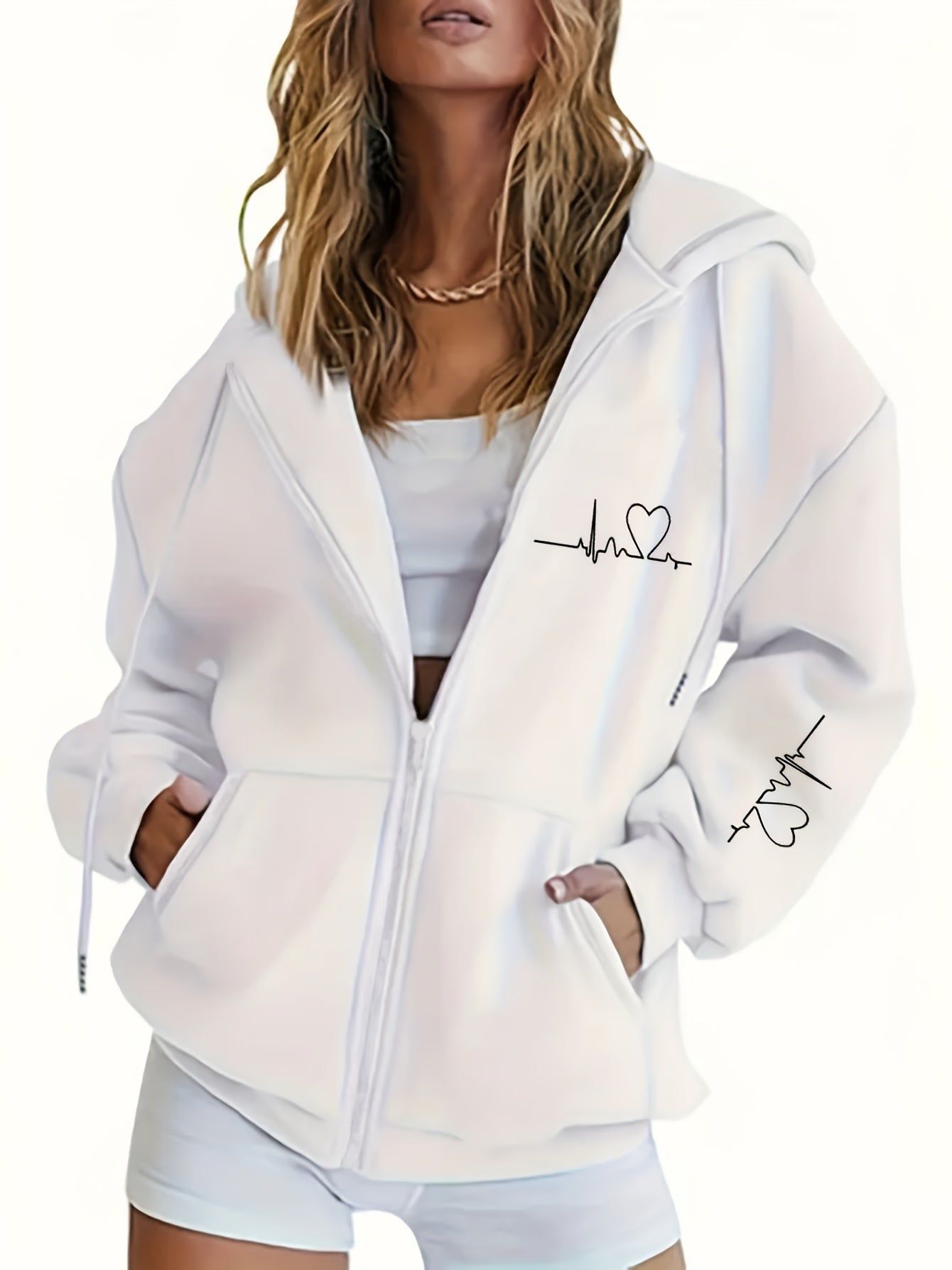 Women's Thick -Lined Hooded Zip-Up Sweatshirt, Warm and Comfortable Geometric Print Top Sweatshirt Jacket with Drawstring Hood, Kangaroo Pocket, for Casual Streetwear, Autumn/Winter Warm Long-Sleeve Pullover Sweatshirt   OAXG White / S