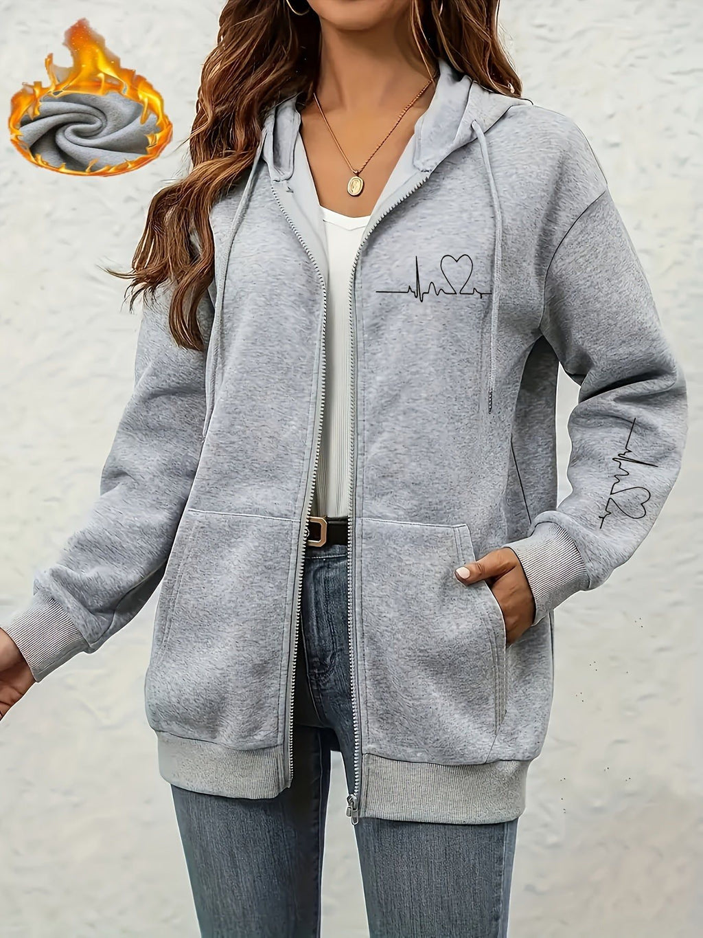 Women's Thick -Lined Hooded Zip-Up Sweatshirt, Warm and Comfortable Geometric Print Top Sweatshirt Jacket with Drawstring Hood, Kangaroo Pocket, for Casual Streetwear, Autumn/Winter Warm Long-Sleeve Pullover Sweatshirt   OAXG White / S