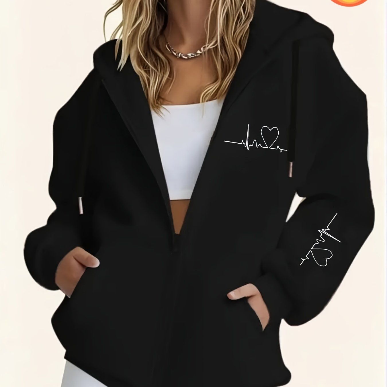 Women's Thick -Lined Hooded Zip-Up Sweatshirt, Warm and Comfortable Geometric Print Top Sweatshirt Jacket with Drawstring Hood, Kangaroo Pocket, for Casual Streetwear, Autumn/Winter Warm Long-Sleeve Pullover Sweatshirt   OAXG White / S