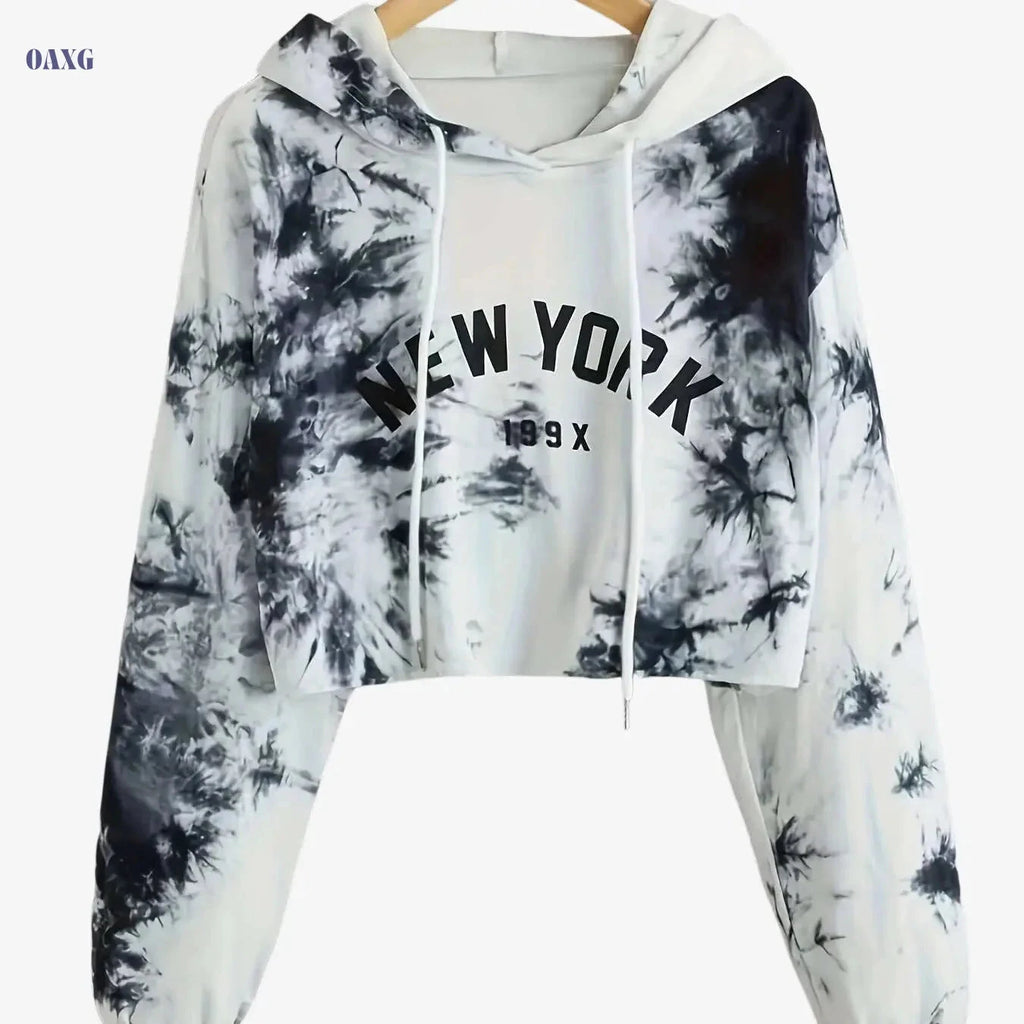 Women's Tie Dye Sports Hoodie - Long Sleeve Crop Pullover   OAXG 