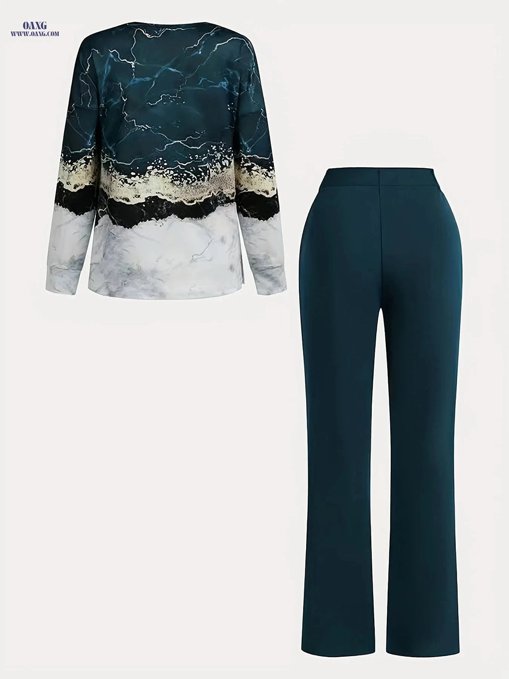 Women's Tie Dye Two-Piece Set - V Neck Long Sleeve & Wide Leg Pants   OAXG Navy Color / S