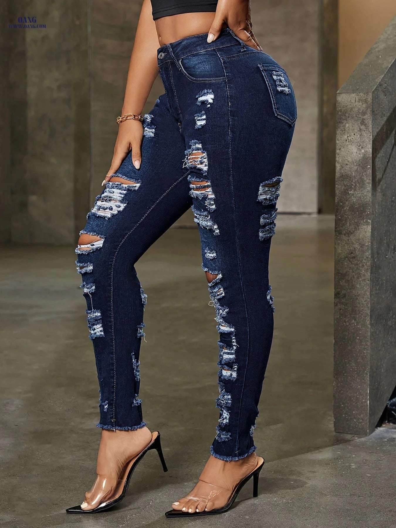 Women's Torn Denim Jeans - Mid Waist, High Stretch Casual Style   OAXG Dark Blue / S