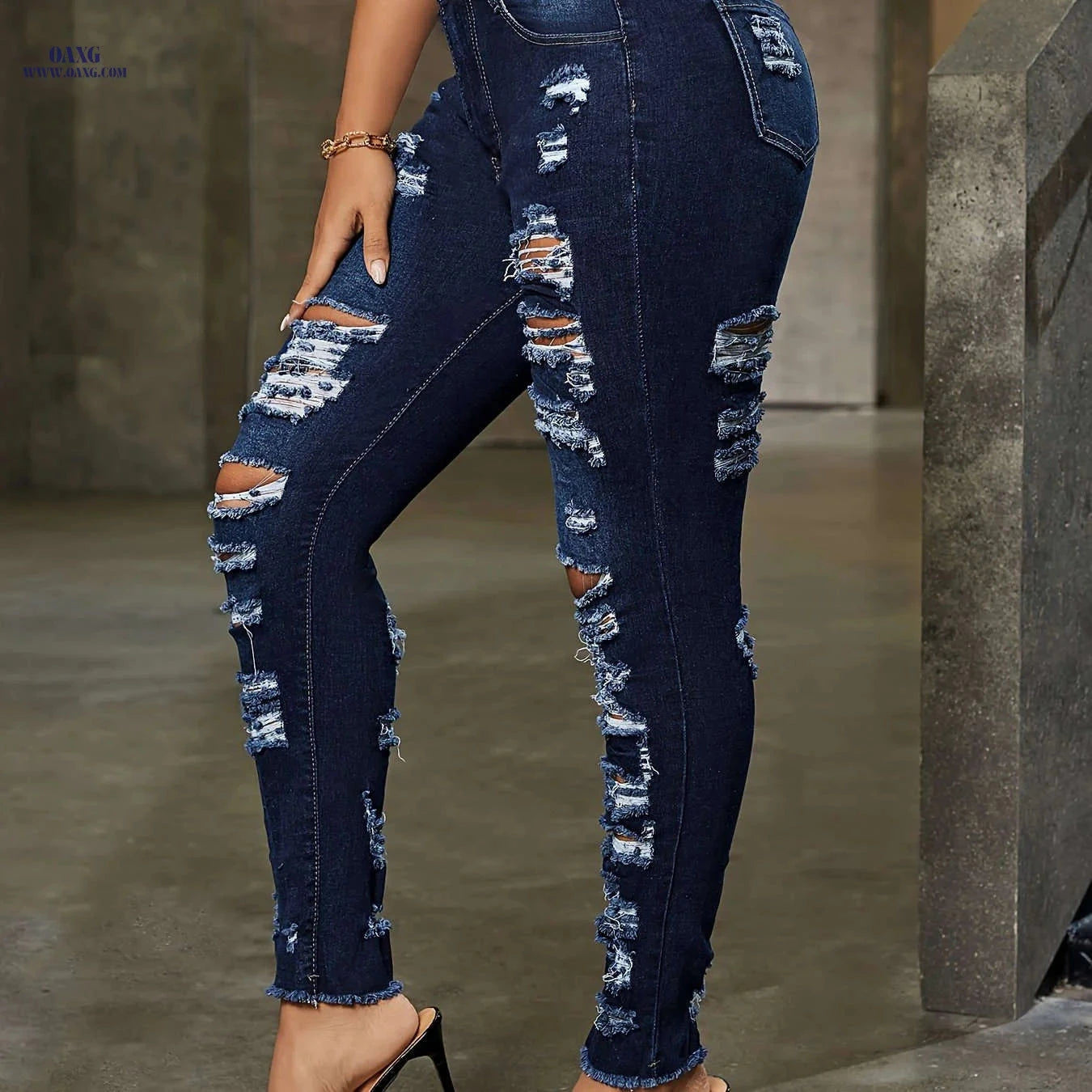Women's Torn Denim Jeans - Mid Waist, High Stretch Casual Style   OAXG Dark Blue / S