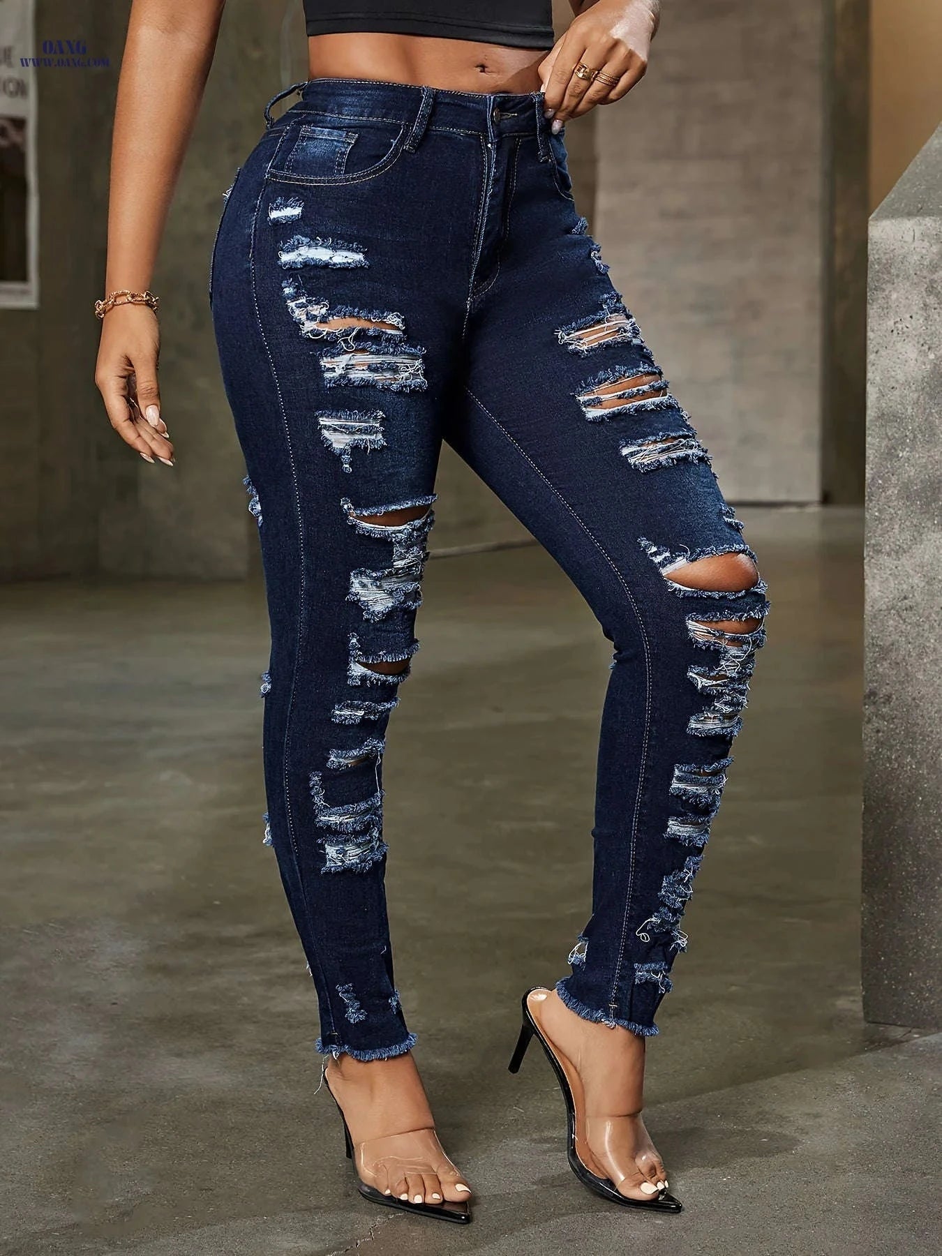 Women's Torn Denim Jeans - Mid Waist, High Stretch Casual Style   OAXG Dark Blue / S
