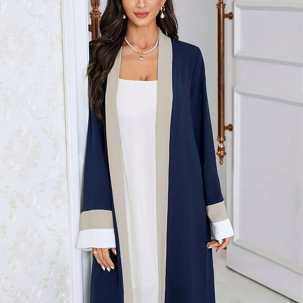 Women's Traditional Arabic Abaya Dress - Navy Color-Block Long Sleeve   OAXG 