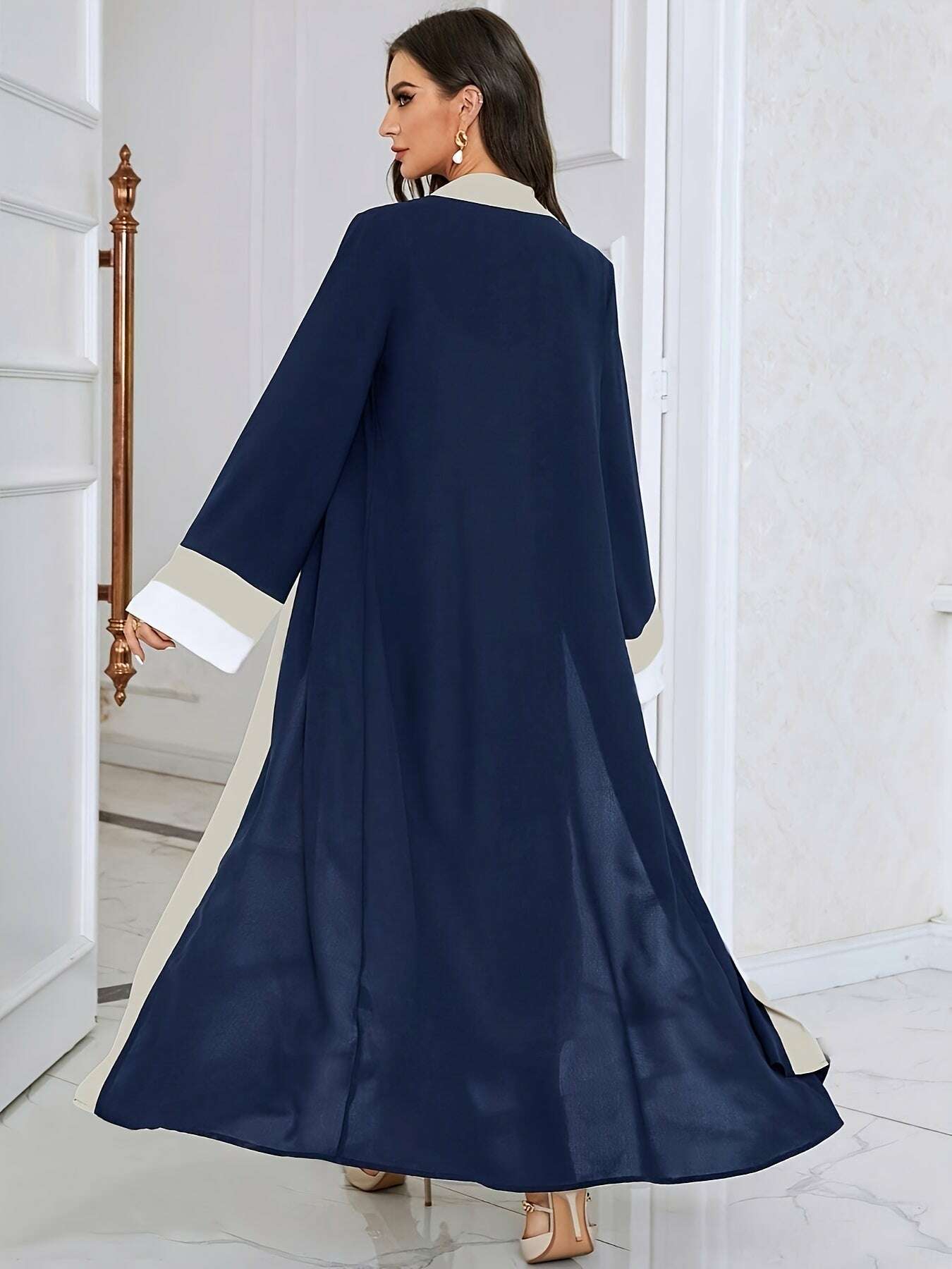 Women's Traditional Arabic Abaya Dress - Navy Color-Block Long Sleeve   OAXG Navy Blue / S