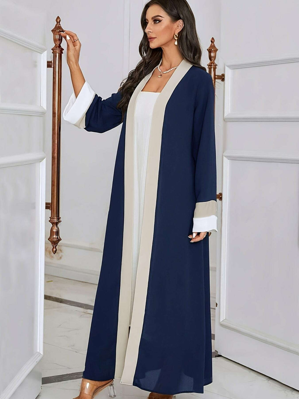 Women's Traditional Arabic Abaya Dress - Navy Color-Block Long Sleeve   OAXG Navy Blue / S