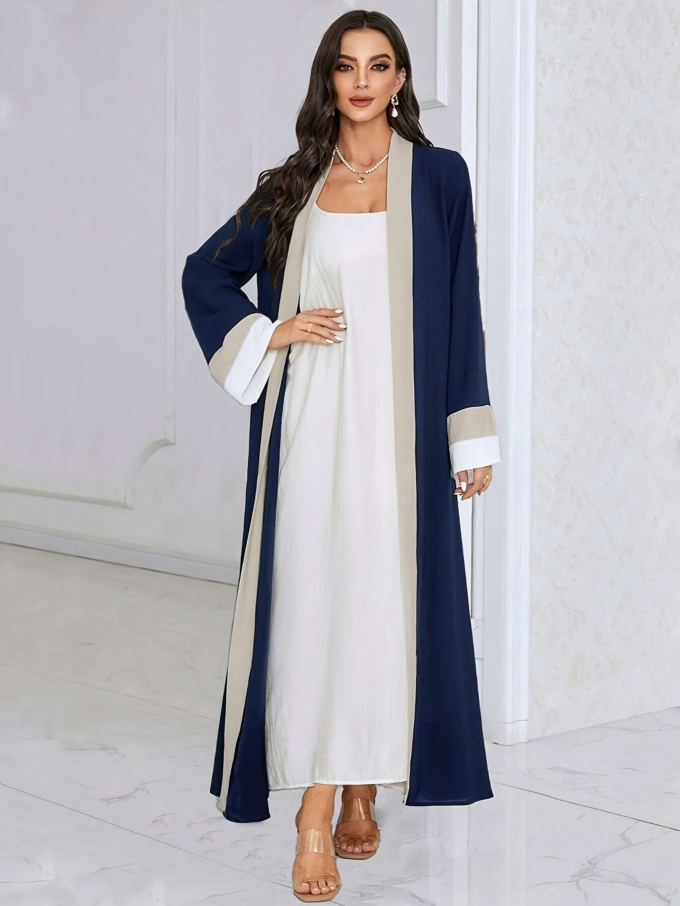 Women's Traditional Arabic Abaya Dress - Navy Color-Block Long Sleeve   OAXG Navy Blue / S
