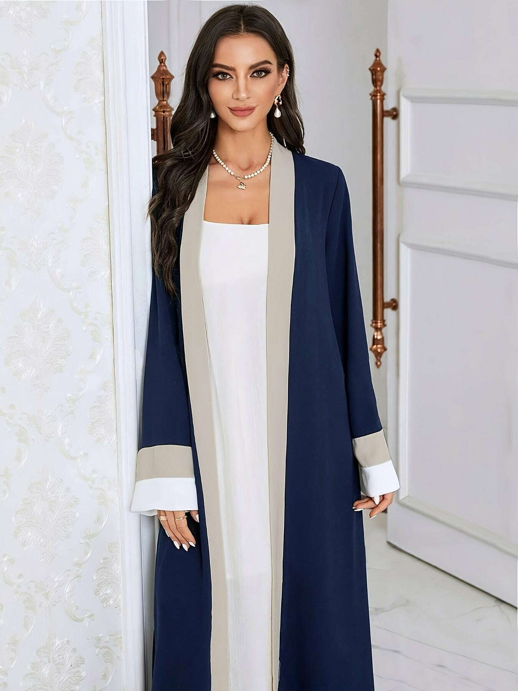 Women's Traditional Arabic Abaya Dress - Navy Color-Block Long Sleeve   OAXG Navy Blue / S
