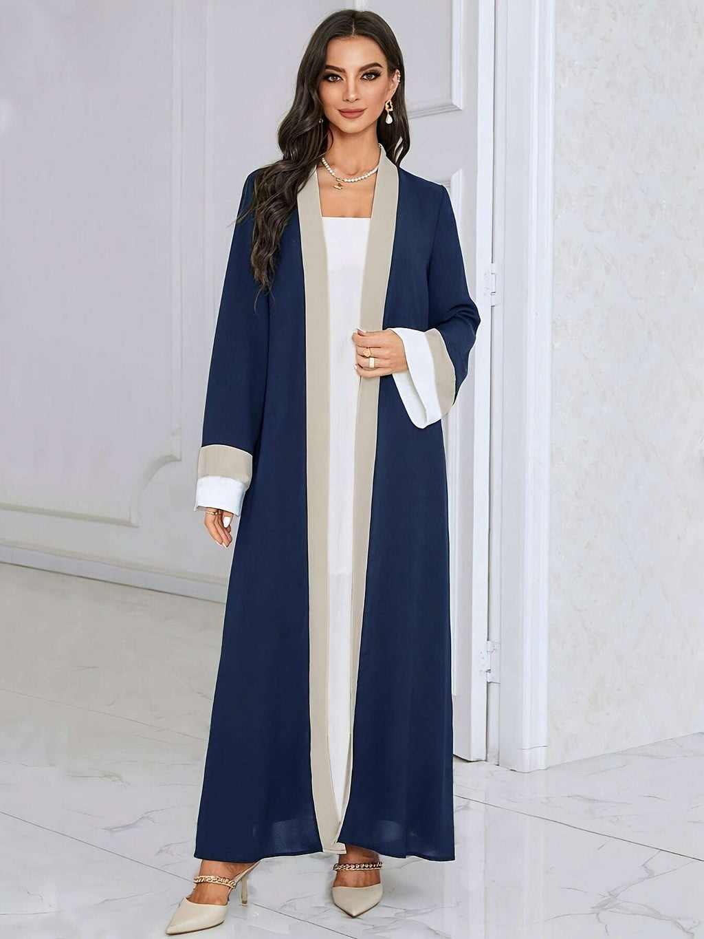 Women's Traditional Arabic Abaya Dress - Navy Color-Block Long Sleeve   OAXG 