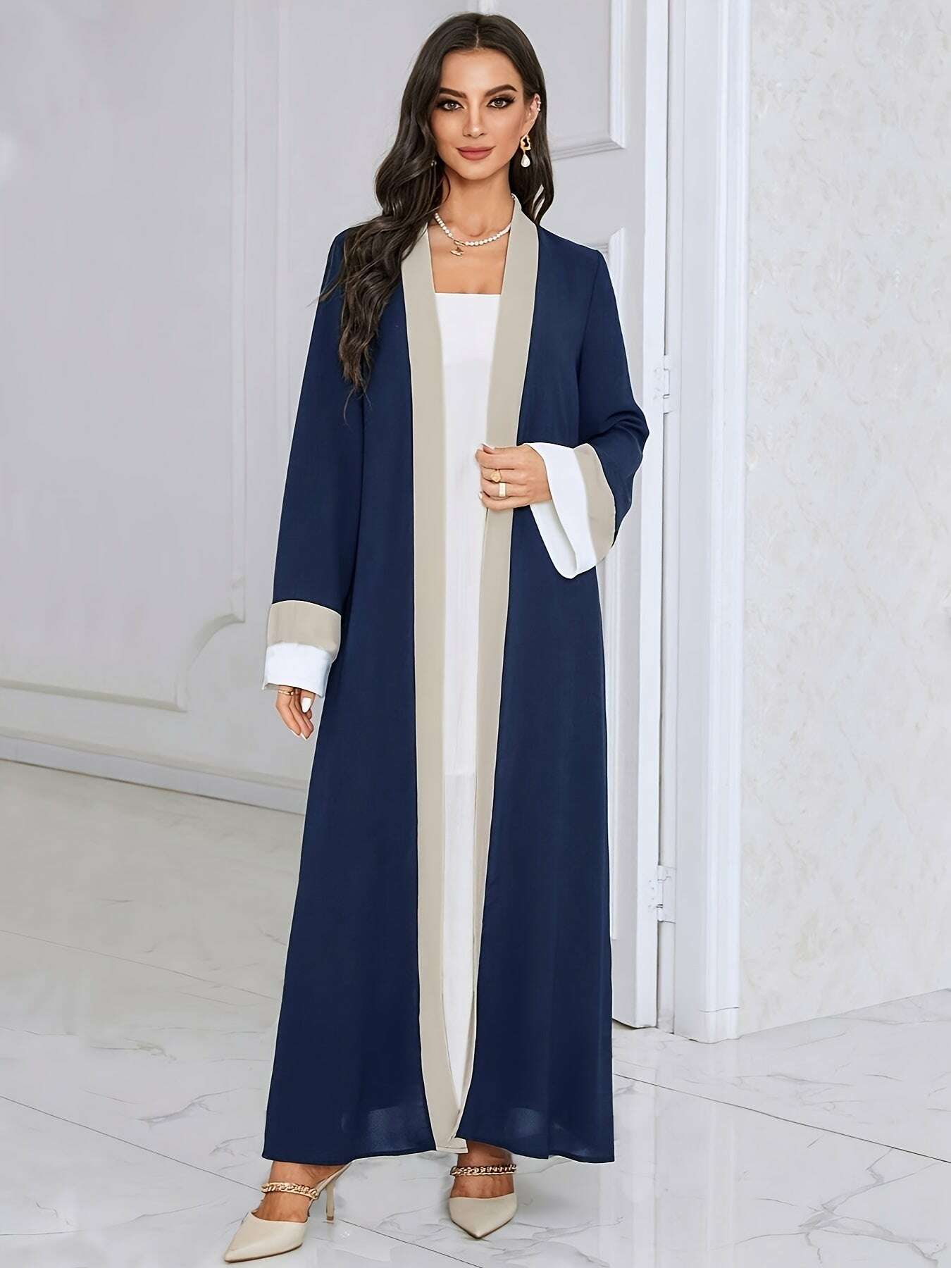Women's Traditional Arabic Abaya Dress - Navy Color-Block Long Sleeve   OAXG 