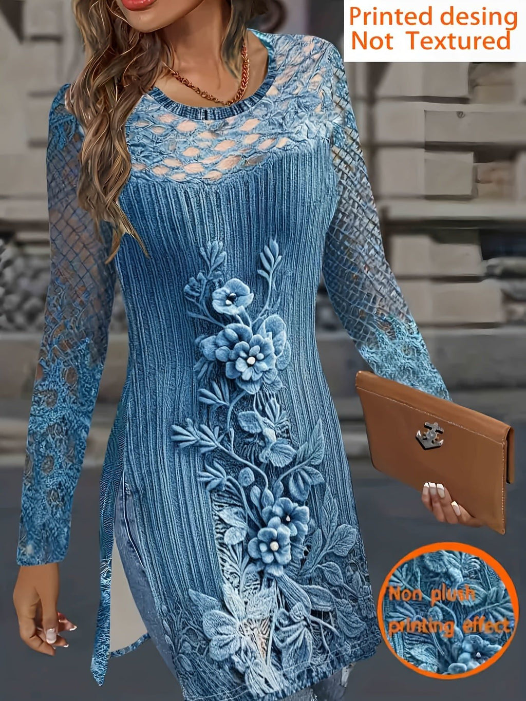 Women'S Trendy HD Imitation Ink Print Sweater Pattern Dress   OAXG Peacock Blue / S