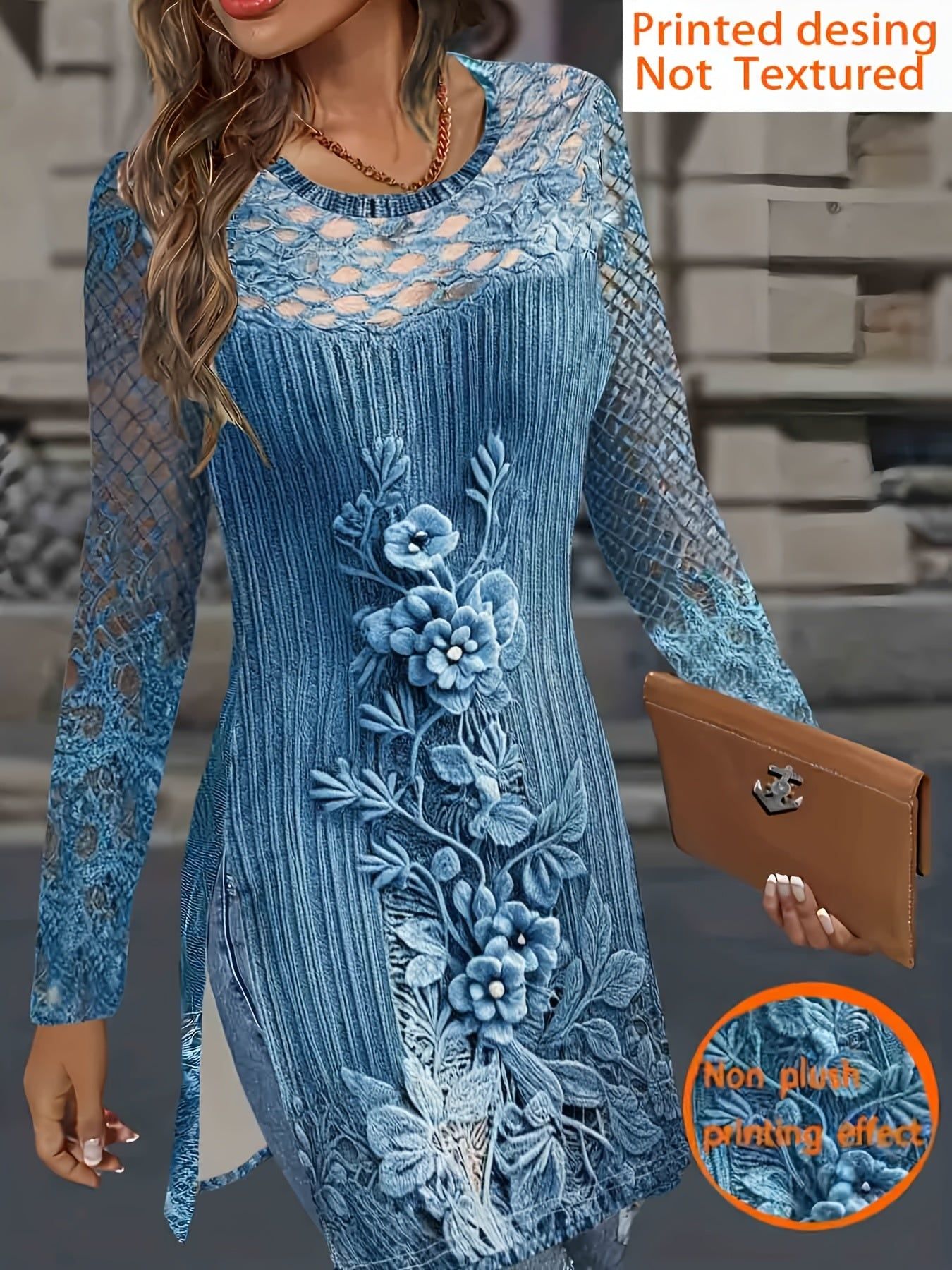 Women'S Trendy HD Imitation Ink Print Sweater Pattern Dress   OAXG Peacock Blue / S