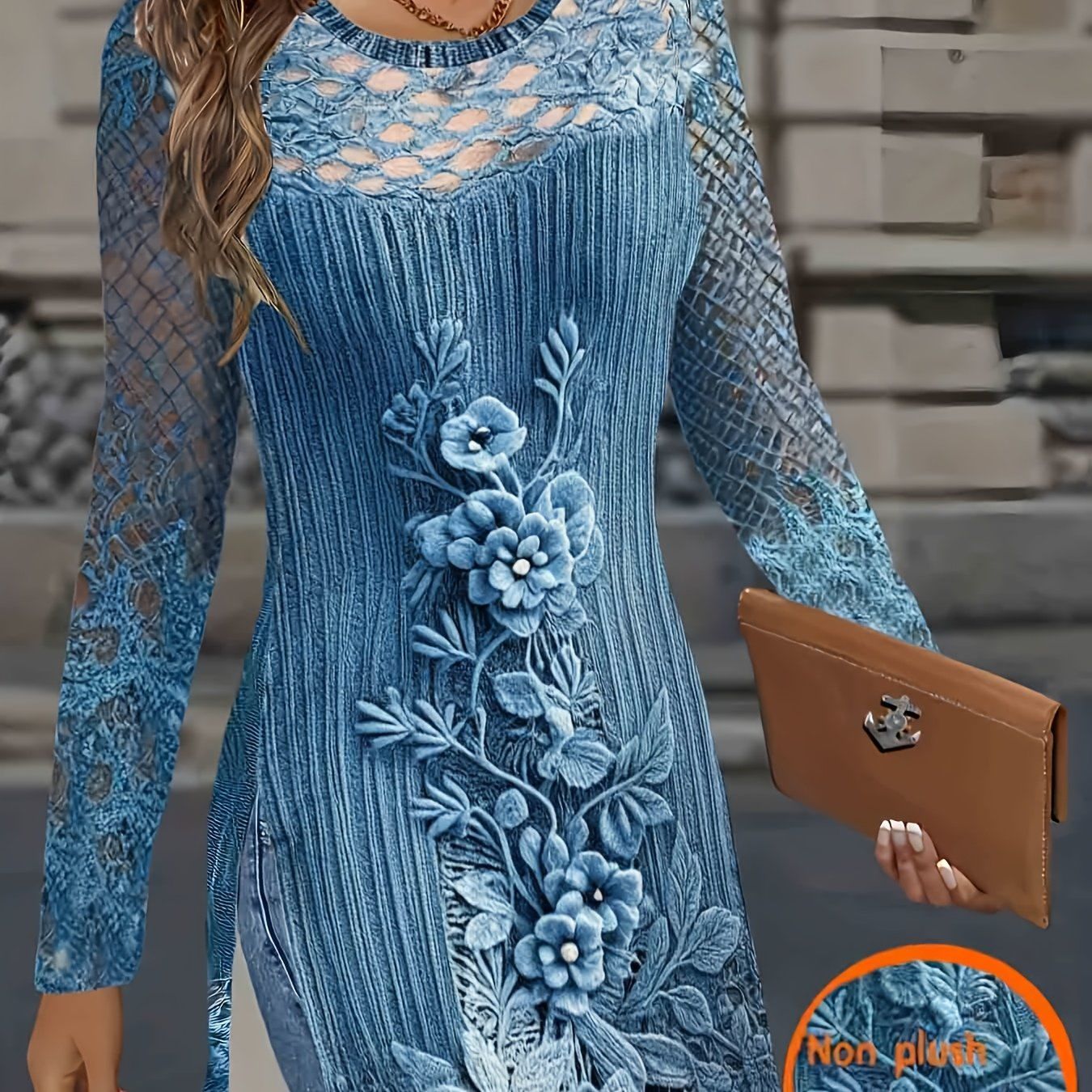 Women'S Trendy HD Imitation Ink Print Sweater Pattern Dress   OAXG Peacock Blue / S