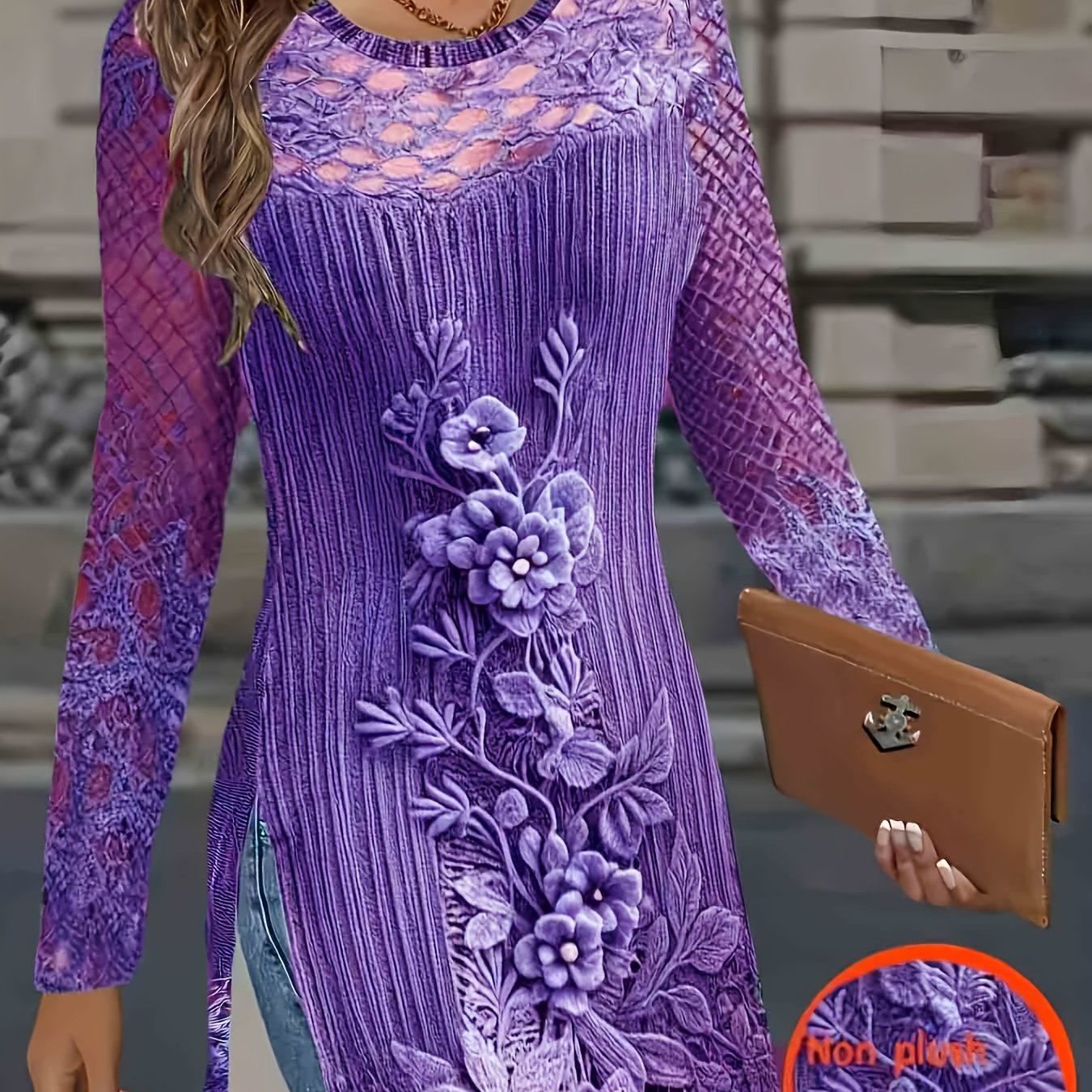 Women'S Trendy HD Imitation Ink Print Sweater Pattern Dress   OAXG Peacock Blue / S