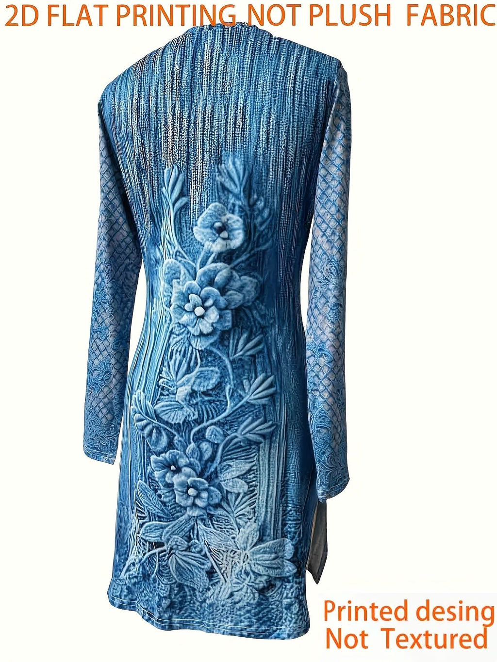 Women'S Trendy HD Imitation Ink Print Sweater Pattern Dress   OAXG Peacock Blue / S