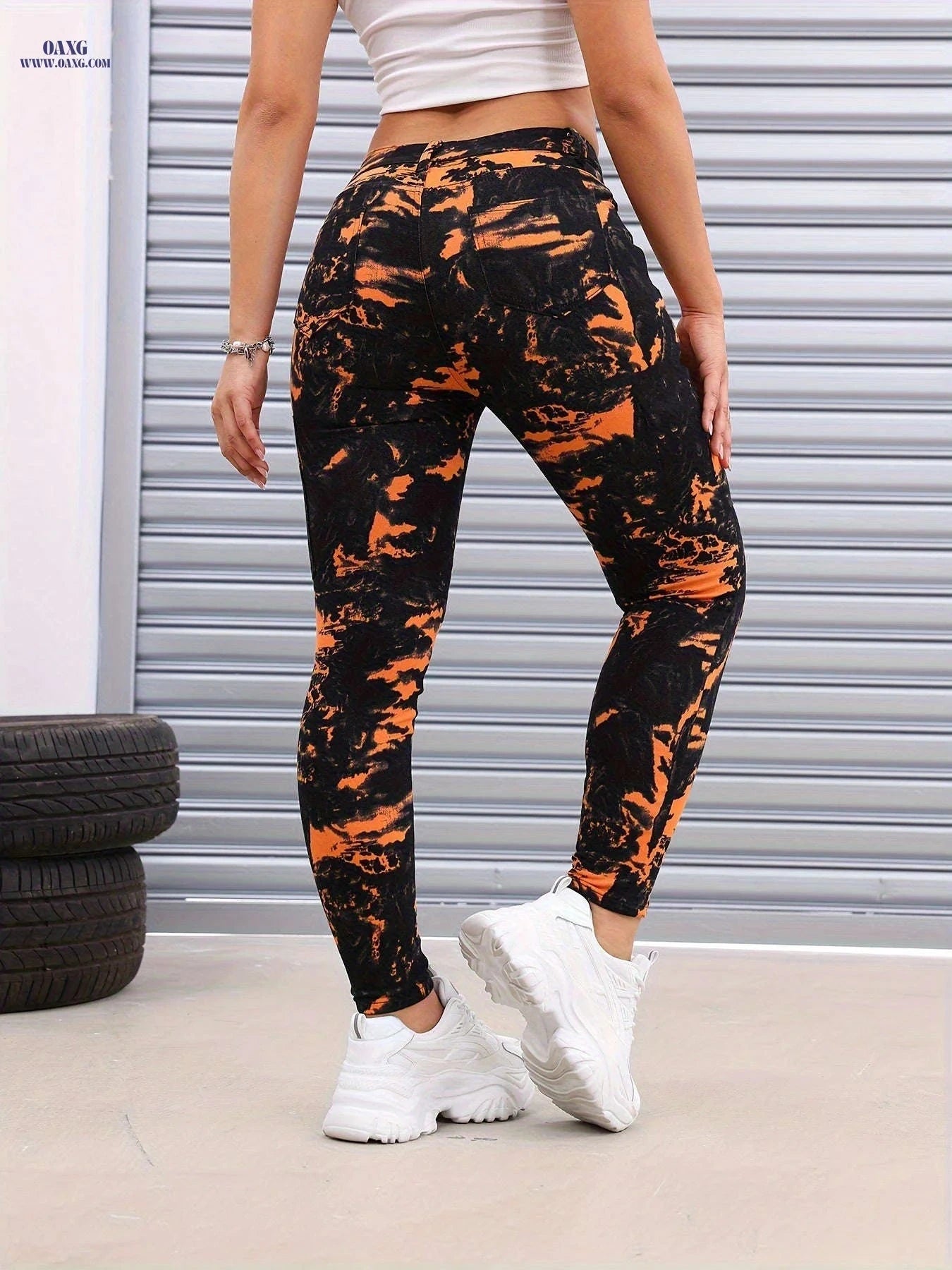 Women's Trendy Landscape Painting Skinny Pants – Stylish Cotton Blend   OAXG 