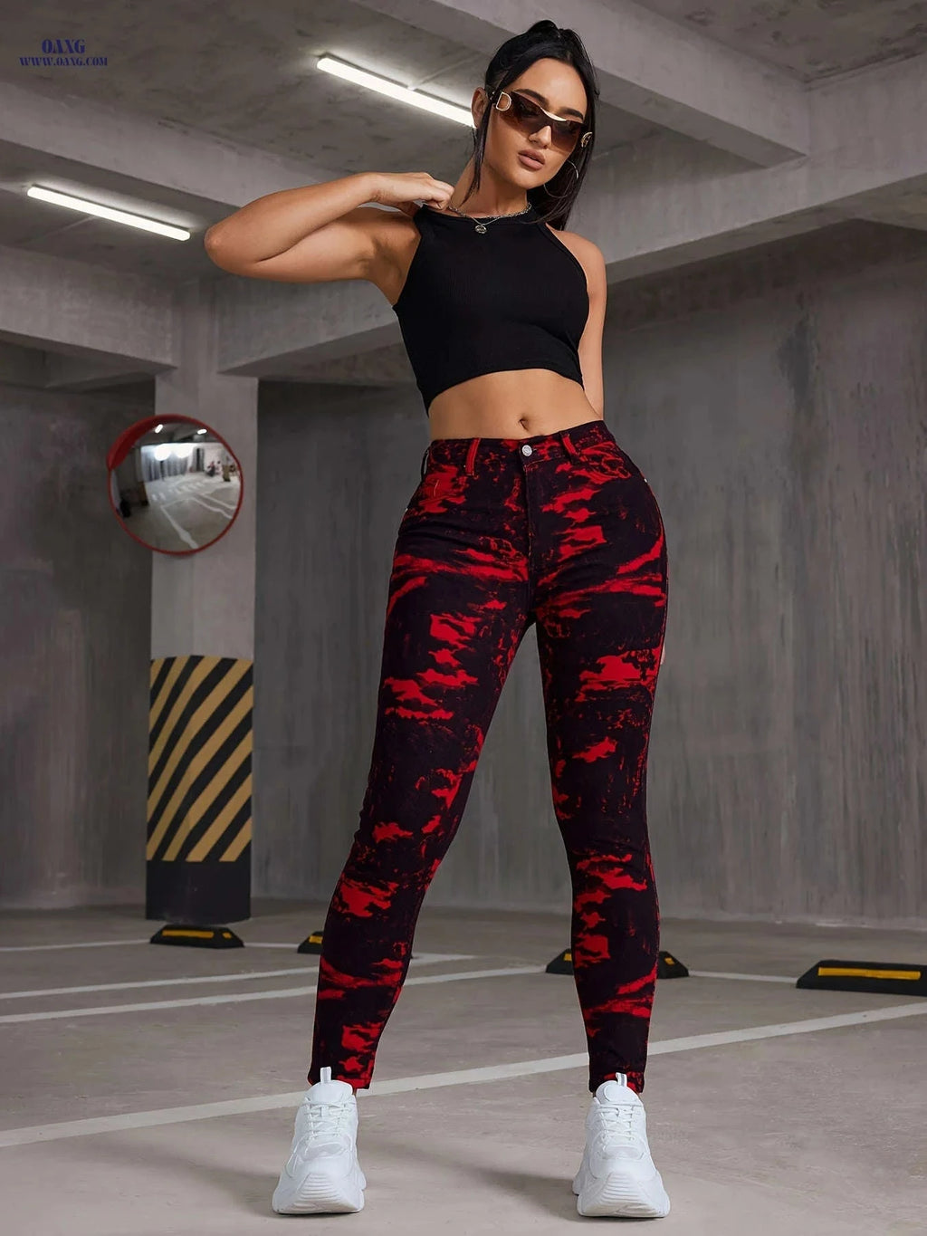 Women's Trendy Landscape Painting Skinny Pants – Stylish Cotton Blend   OAXG Orange / S