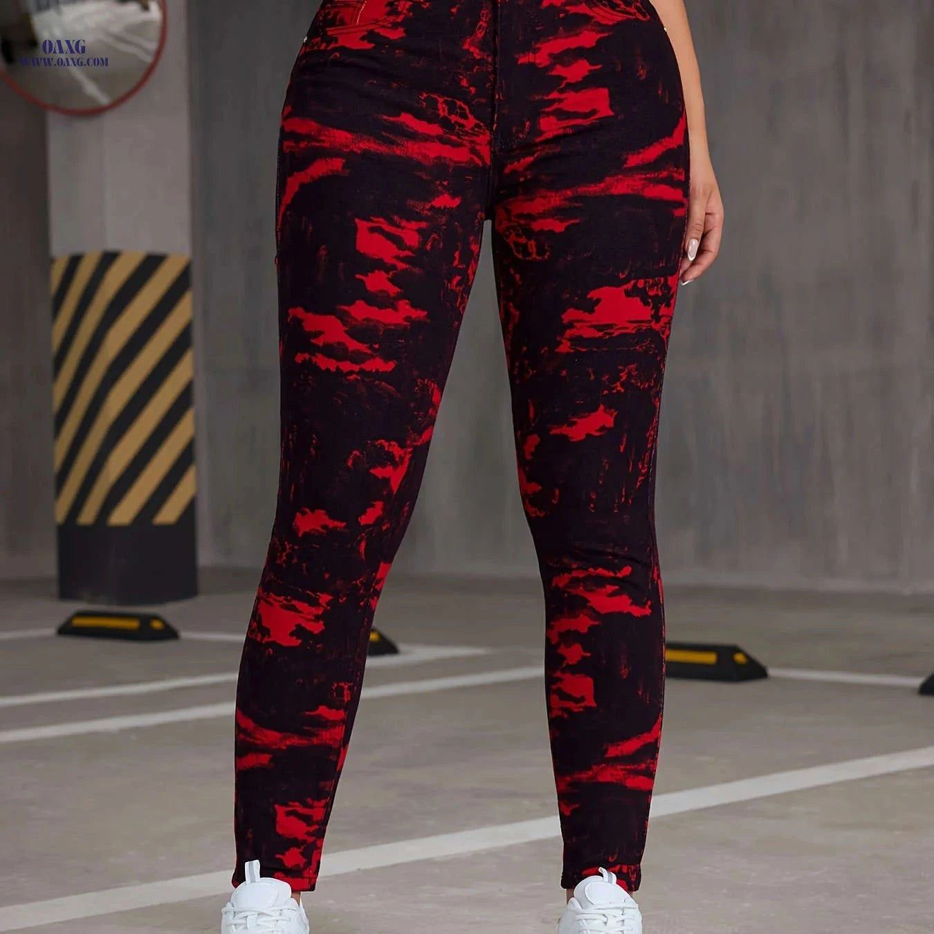 Women's Trendy Landscape Painting Skinny Pants – Stylish Cotton Blend   OAXG Orange / S