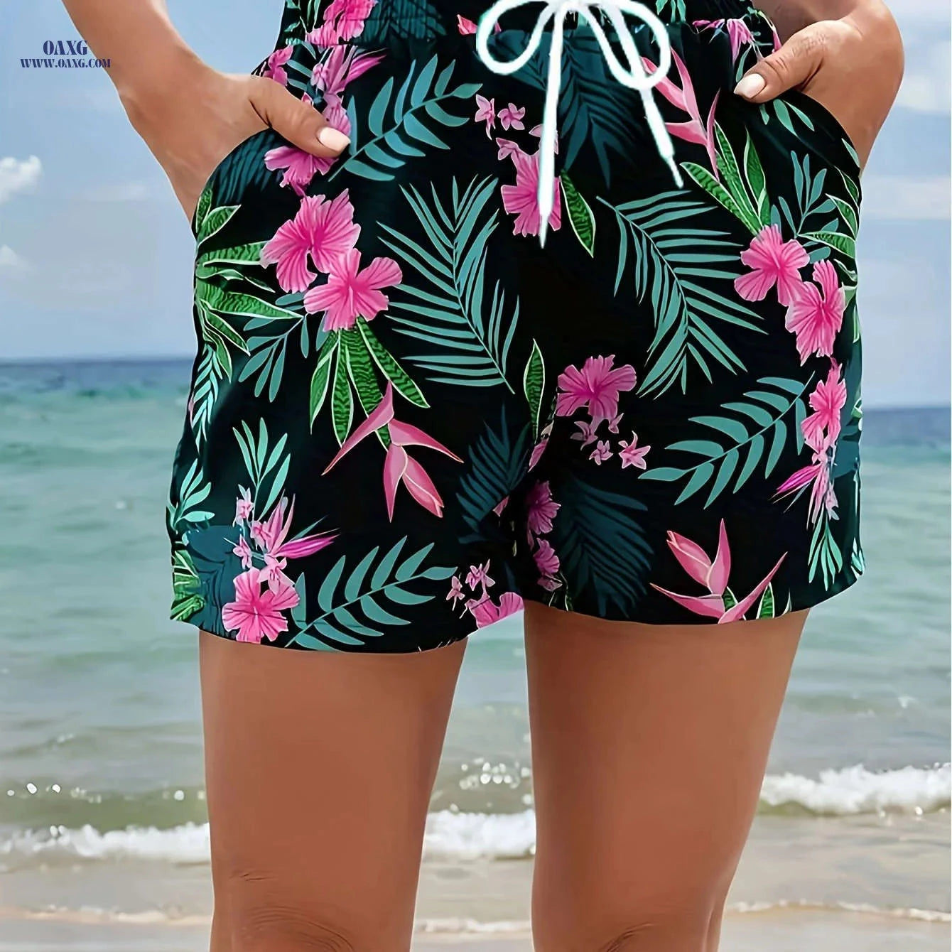 Women's Tropical Floral Beach Shorts - Elastic Waist & Pockets   OAXG 