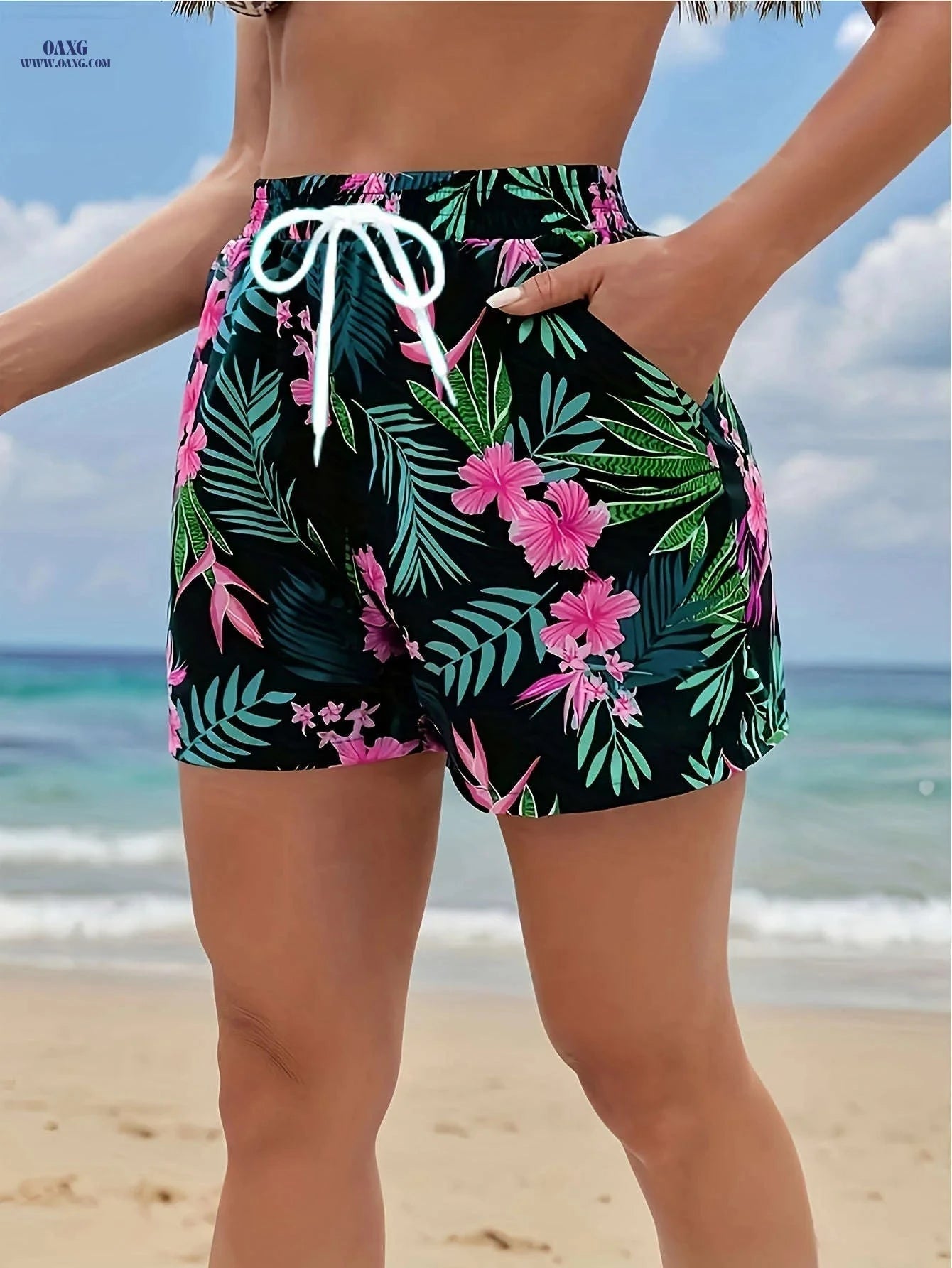 Women's Tropical Floral Beach Shorts - Elastic Waist & Pockets   OAXG 
