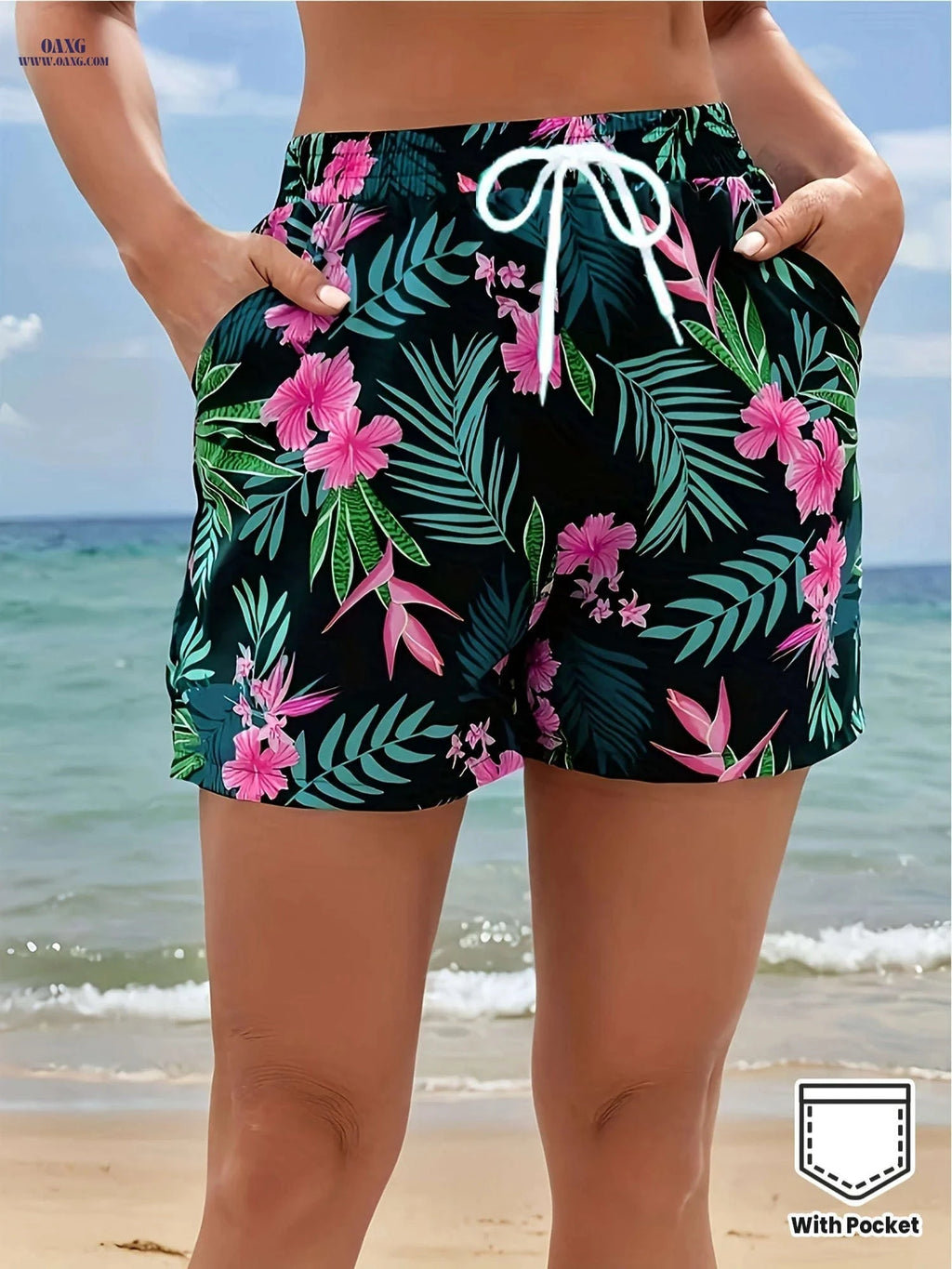 Women's Tropical Floral Beach Shorts - Elastic Waist & Pockets   OAXG 