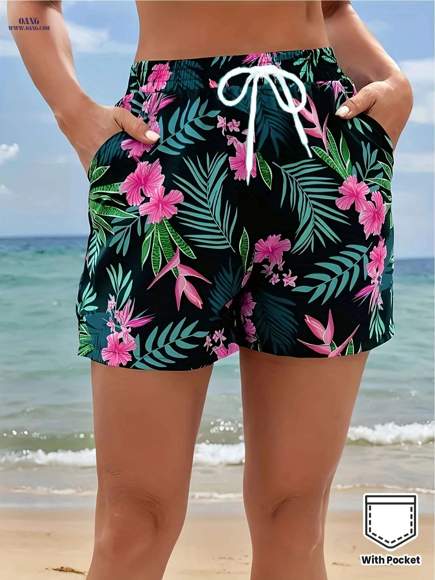 Women's Tropical Floral Beach Shorts - Elastic Waist & Pockets   OAXG 