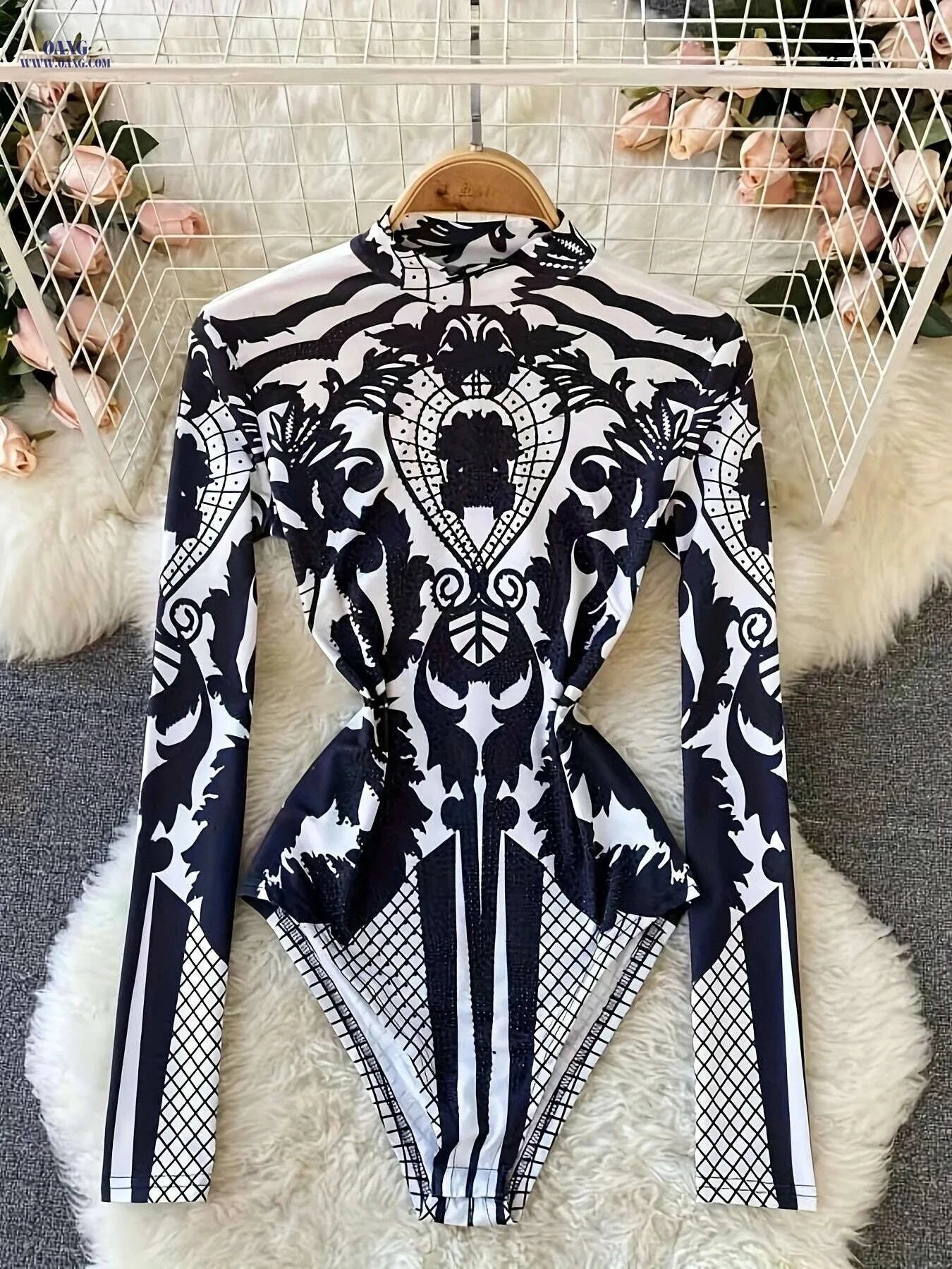 Women’s Tropical Print Bodysuit - Rhinestone Detail, Slim Fit Style   OAXG 