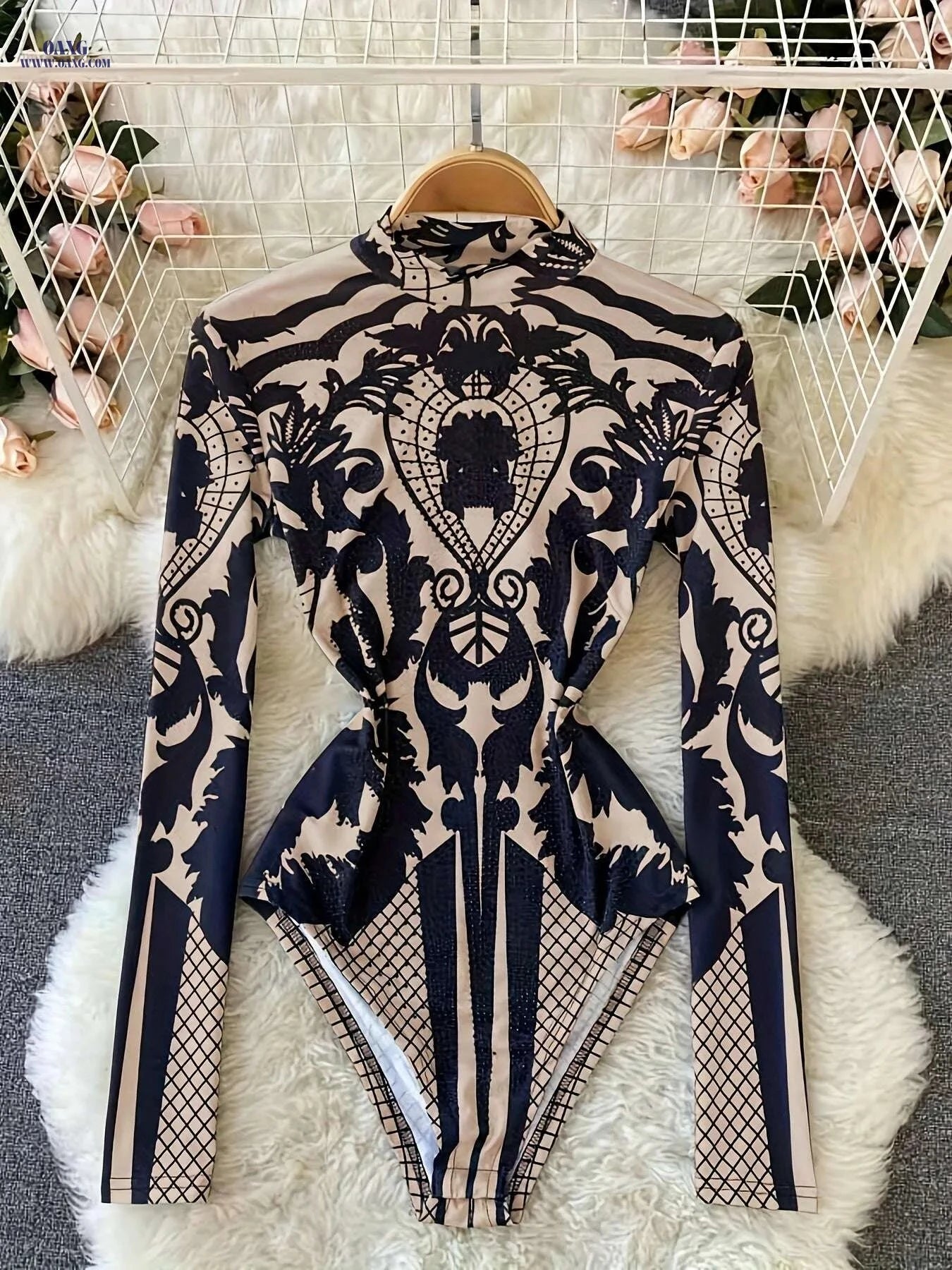 Women’s Tropical Print Bodysuit - Rhinestone Detail, Slim Fit Style   OAXG Black / M