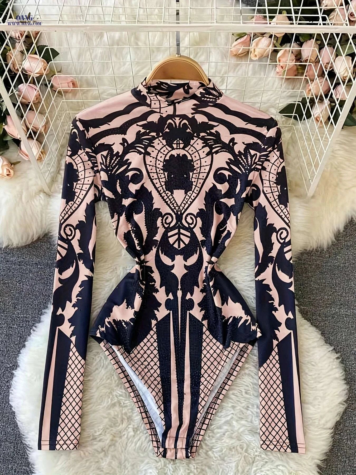 Women’s Tropical Print Bodysuit - Rhinestone Detail, Slim Fit Style   OAXG Black / M
