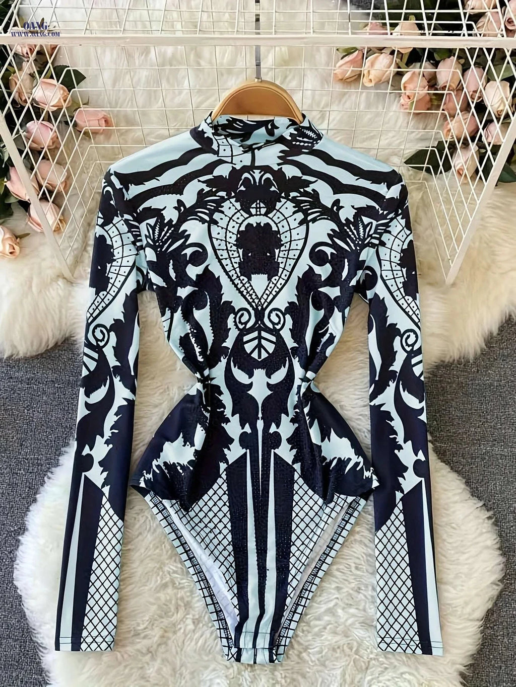 Women’s Tropical Print Bodysuit - Rhinestone Detail, Slim Fit Style   OAXG 