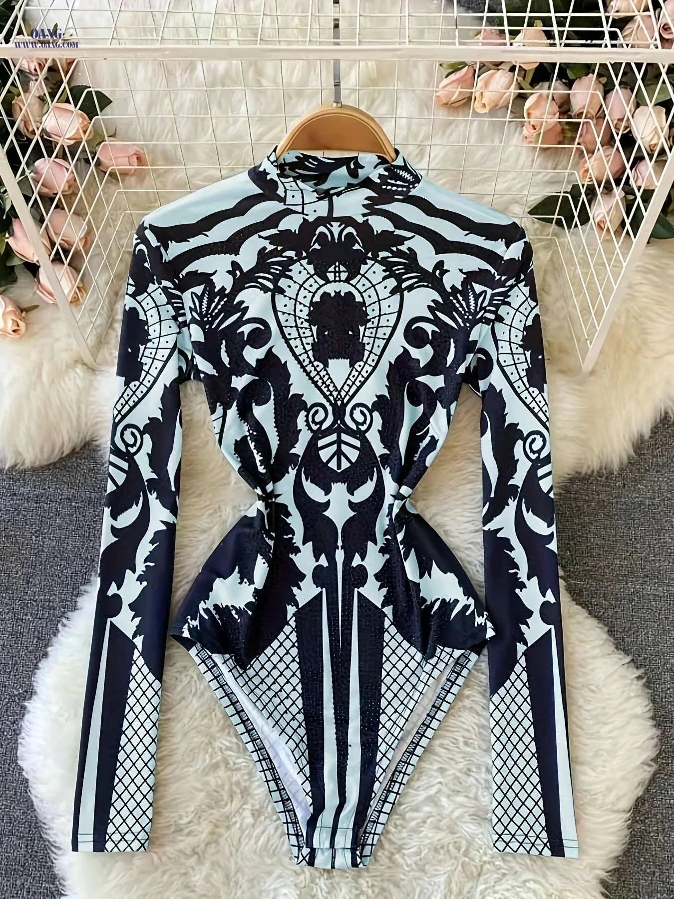 Women’s Tropical Print Bodysuit - Rhinestone Detail, Slim Fit Style   OAXG 